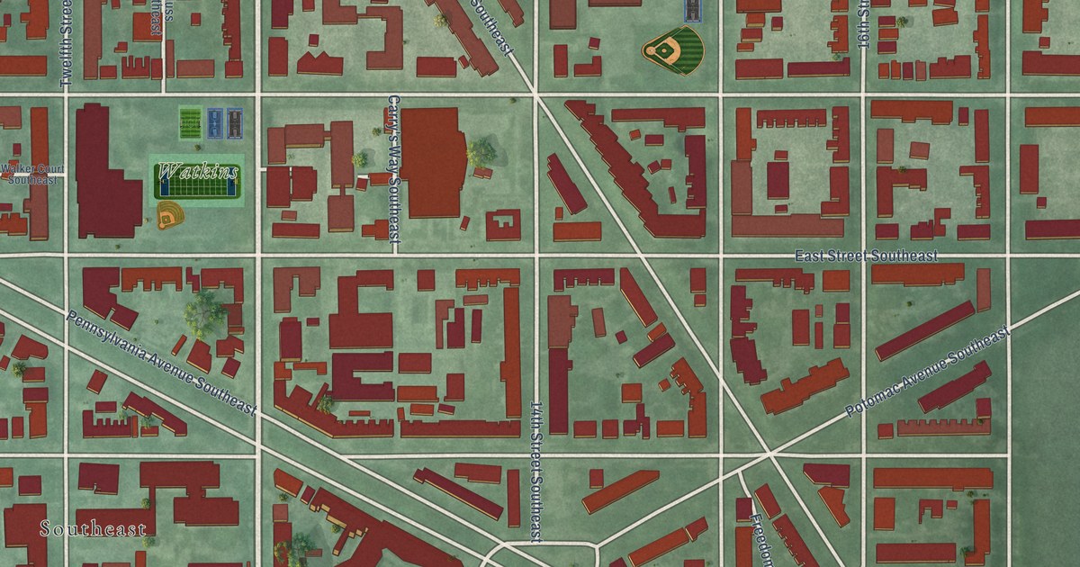 Close-up of streets and buildings in Hill East, District of Columbia
