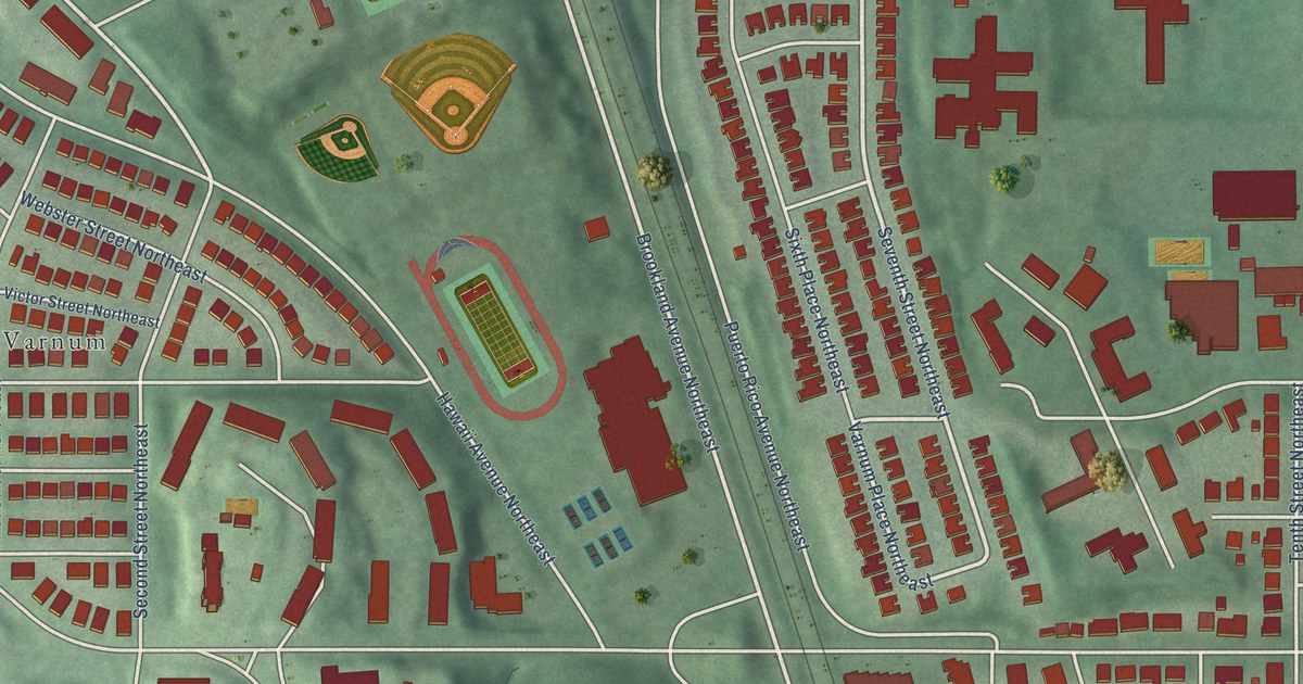 Close-up of streets and buildings in Michigan Park, District of Columbia