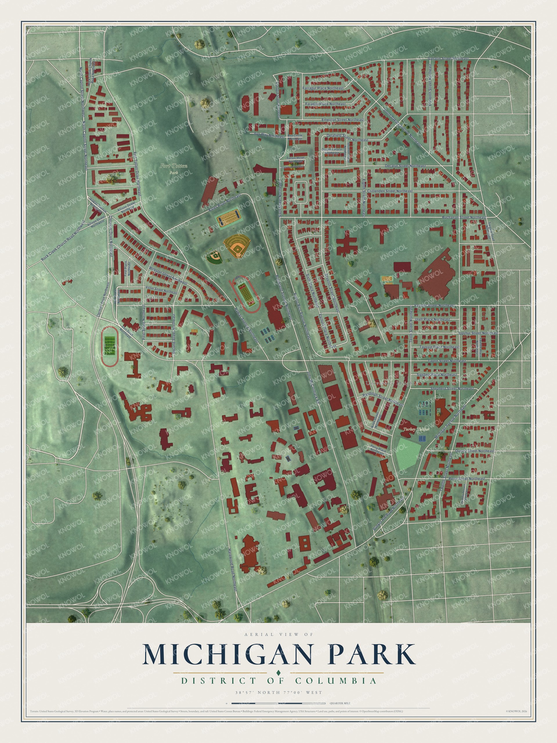 Full map of Michigan Park, District of Columbia, with red buildings, printed street names and the land around them