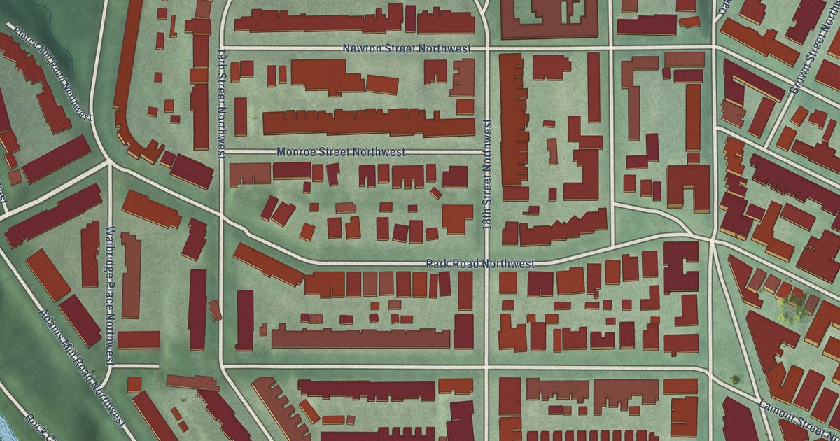 Close-up of streets and buildings in Mount Pleasant, District of Columbia