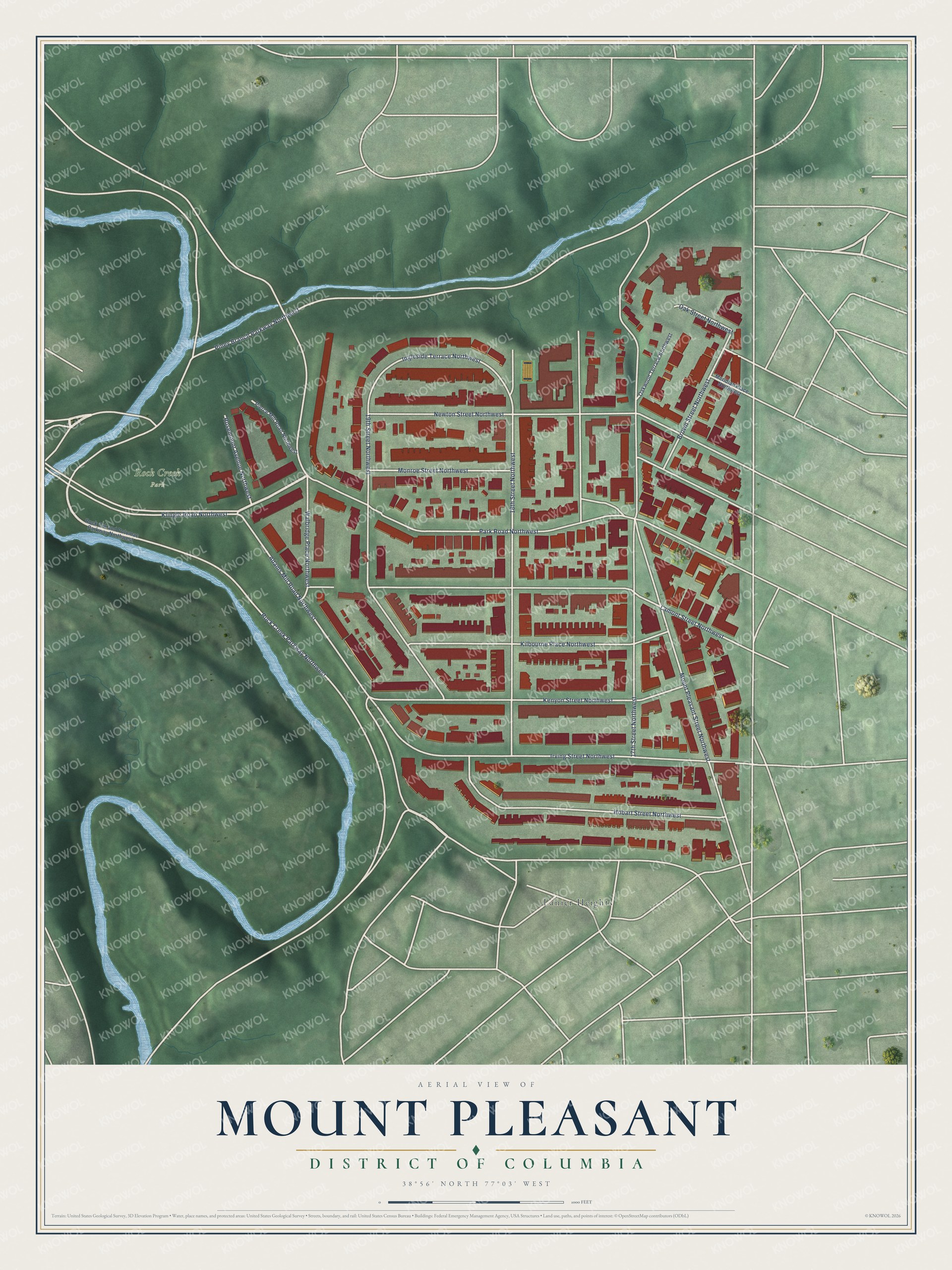 Full map of Mount Pleasant, District of Columbia, with red buildings, printed street names and the land around them