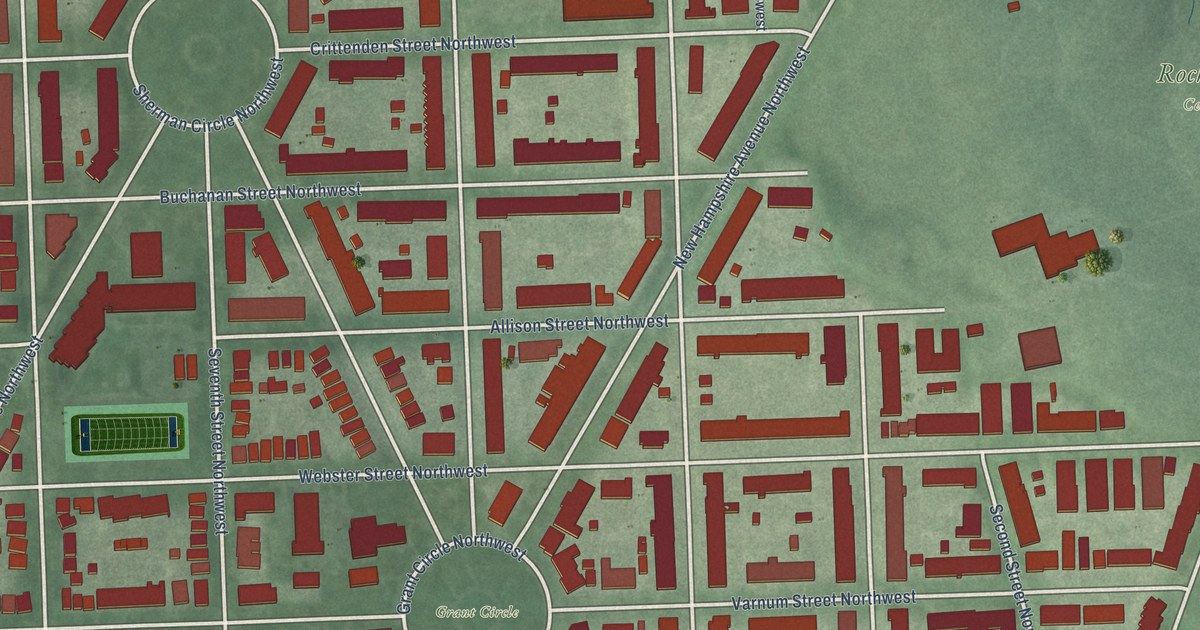 Close-up of streets and buildings in Petworth, District of Columbia