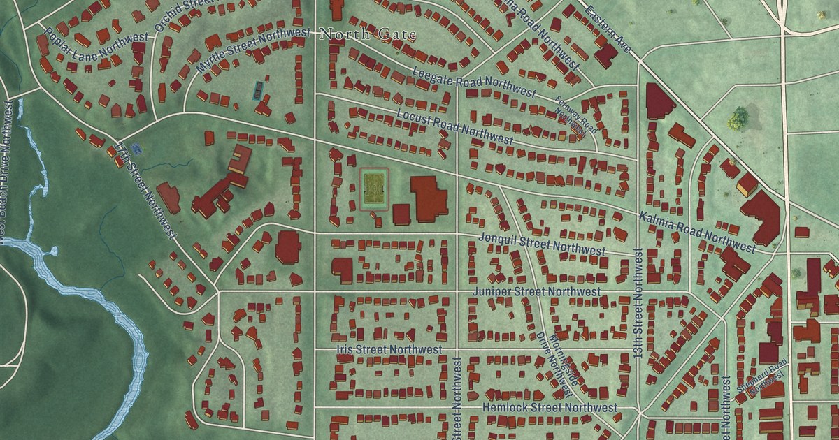 Close-up of streets and buildings in Shepherd Park, District of Columbia