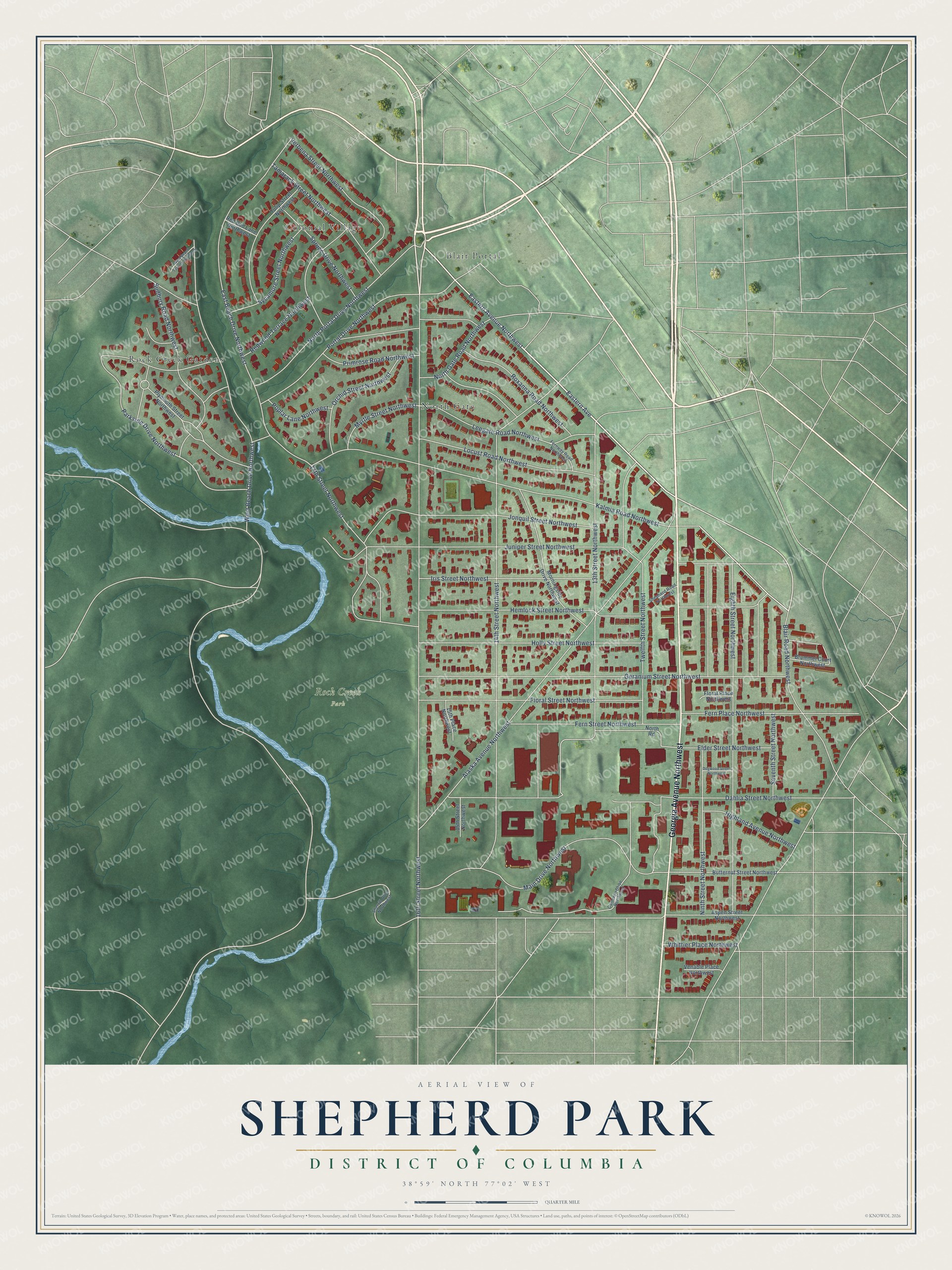 Full map of Shepherd Park, District of Columbia, with red buildings, printed street names and the land around them