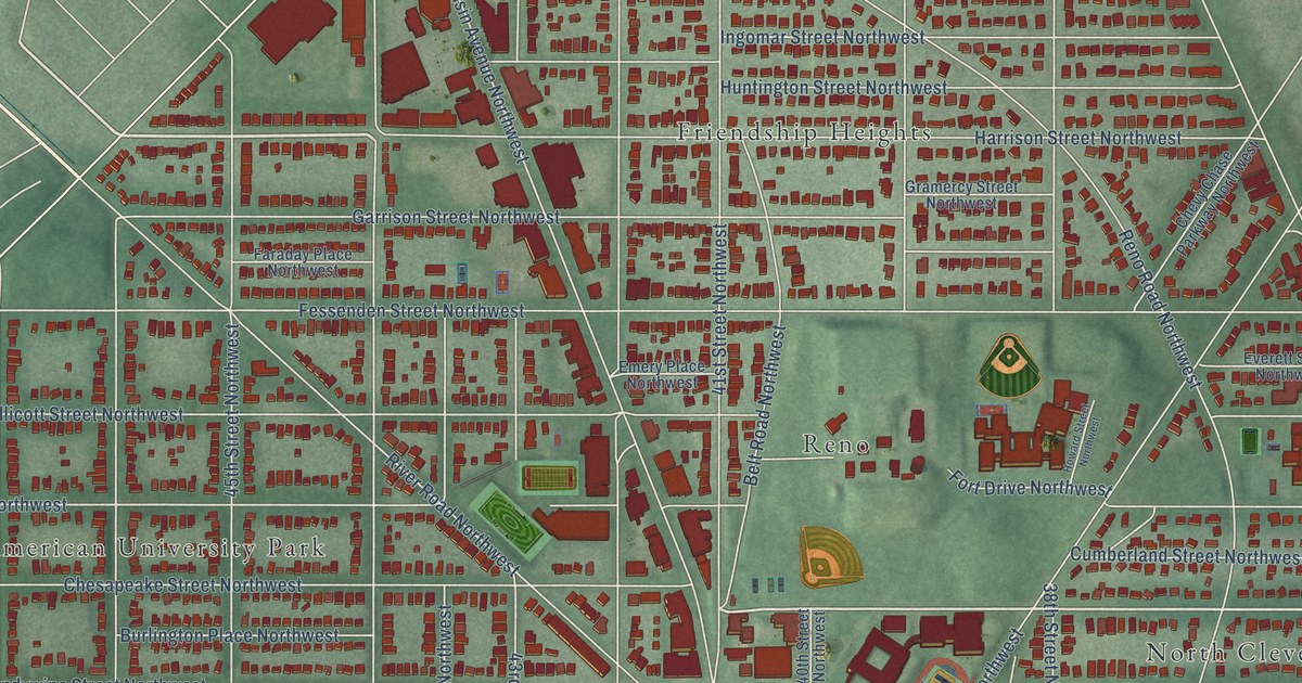 Close-up of streets and buildings in Tenleytown, District of Columbia