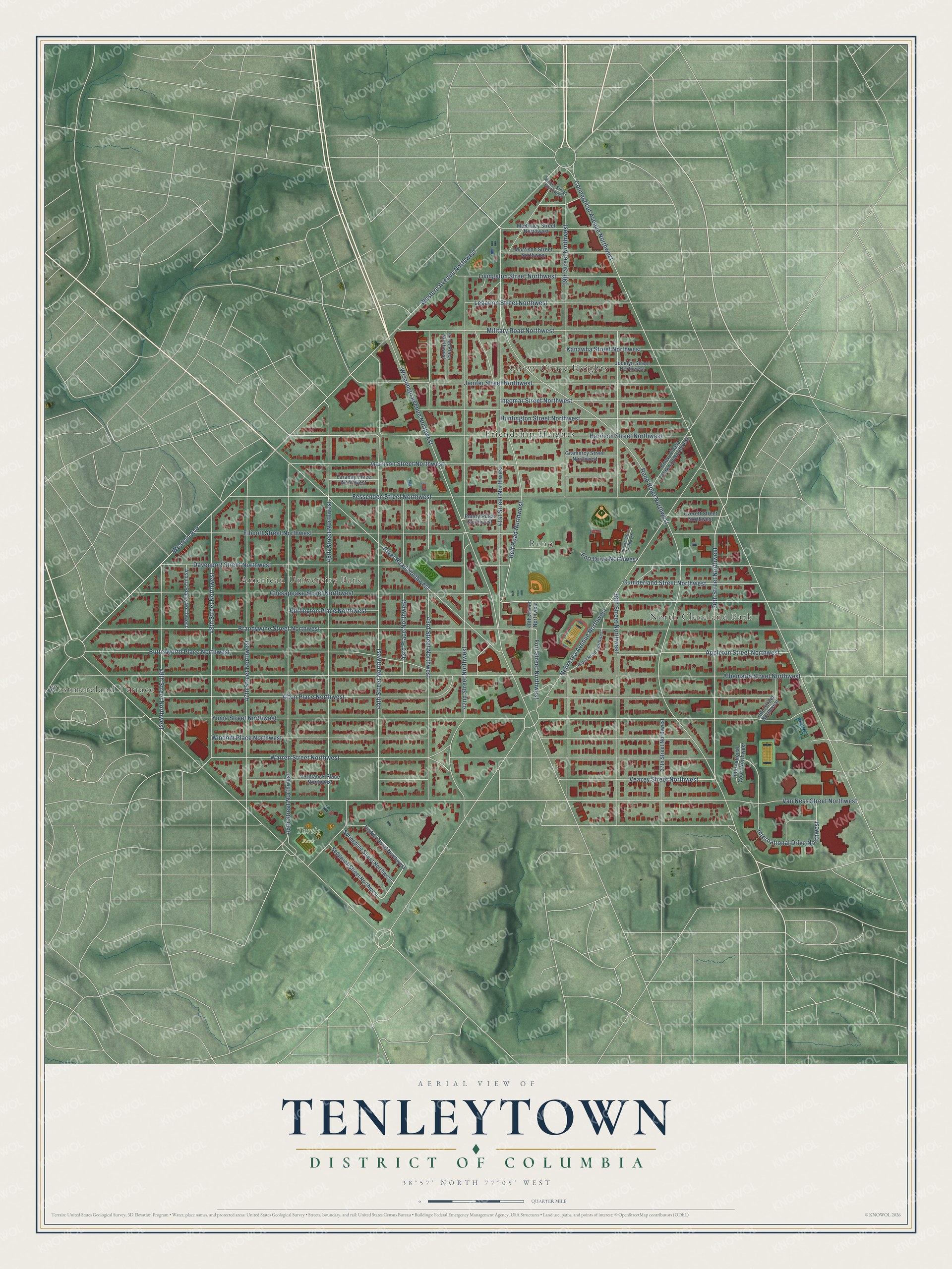 Full map of Tenleytown, District of Columbia, with red buildings, printed street names and the land around them