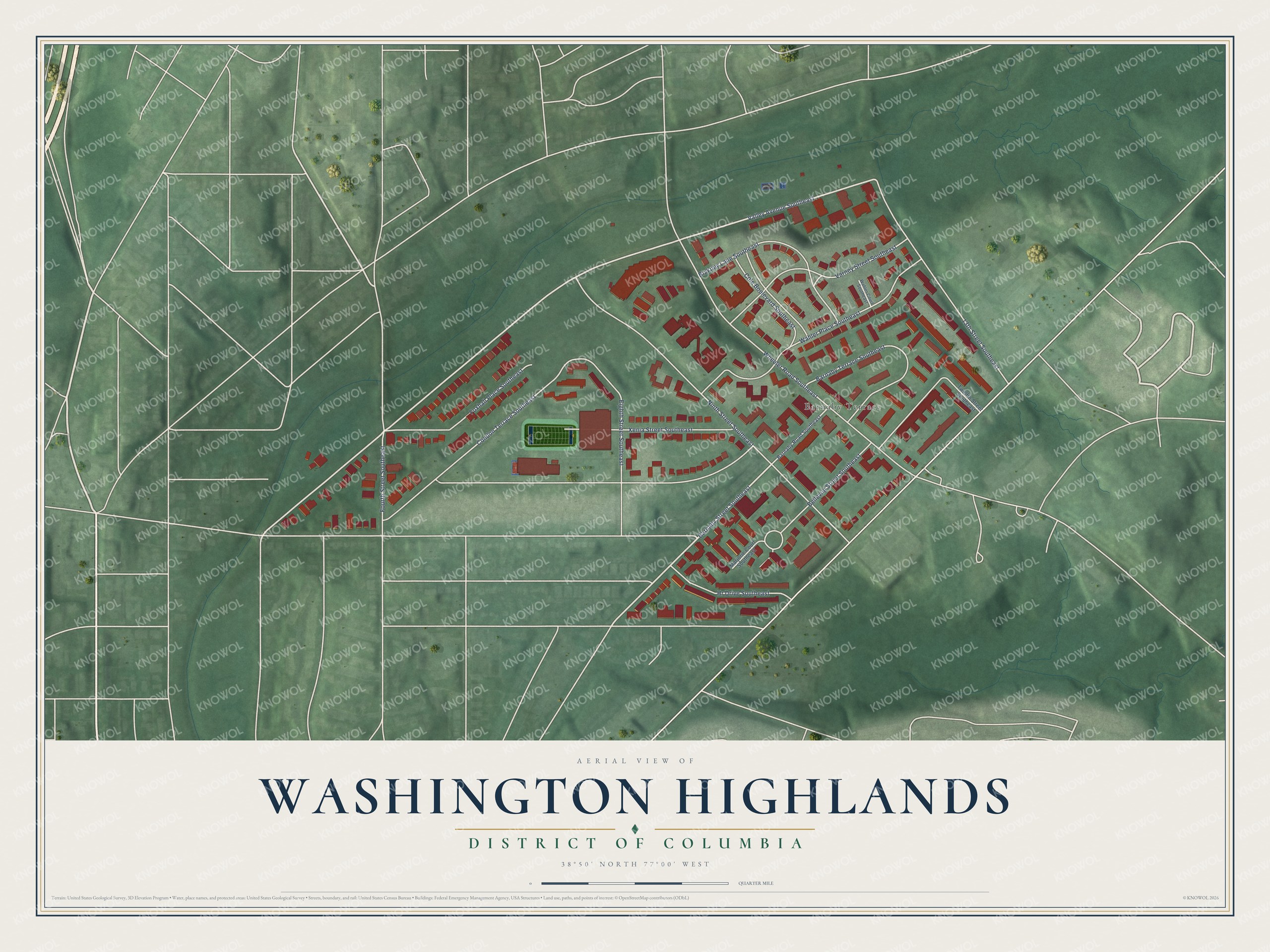 Full map of Washington Highlands, District of Columbia, with red buildings, printed street names and the land around them