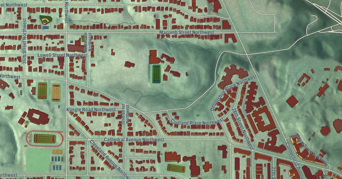 Close-up of streets and buildings in Woodley Park, District of Columbia