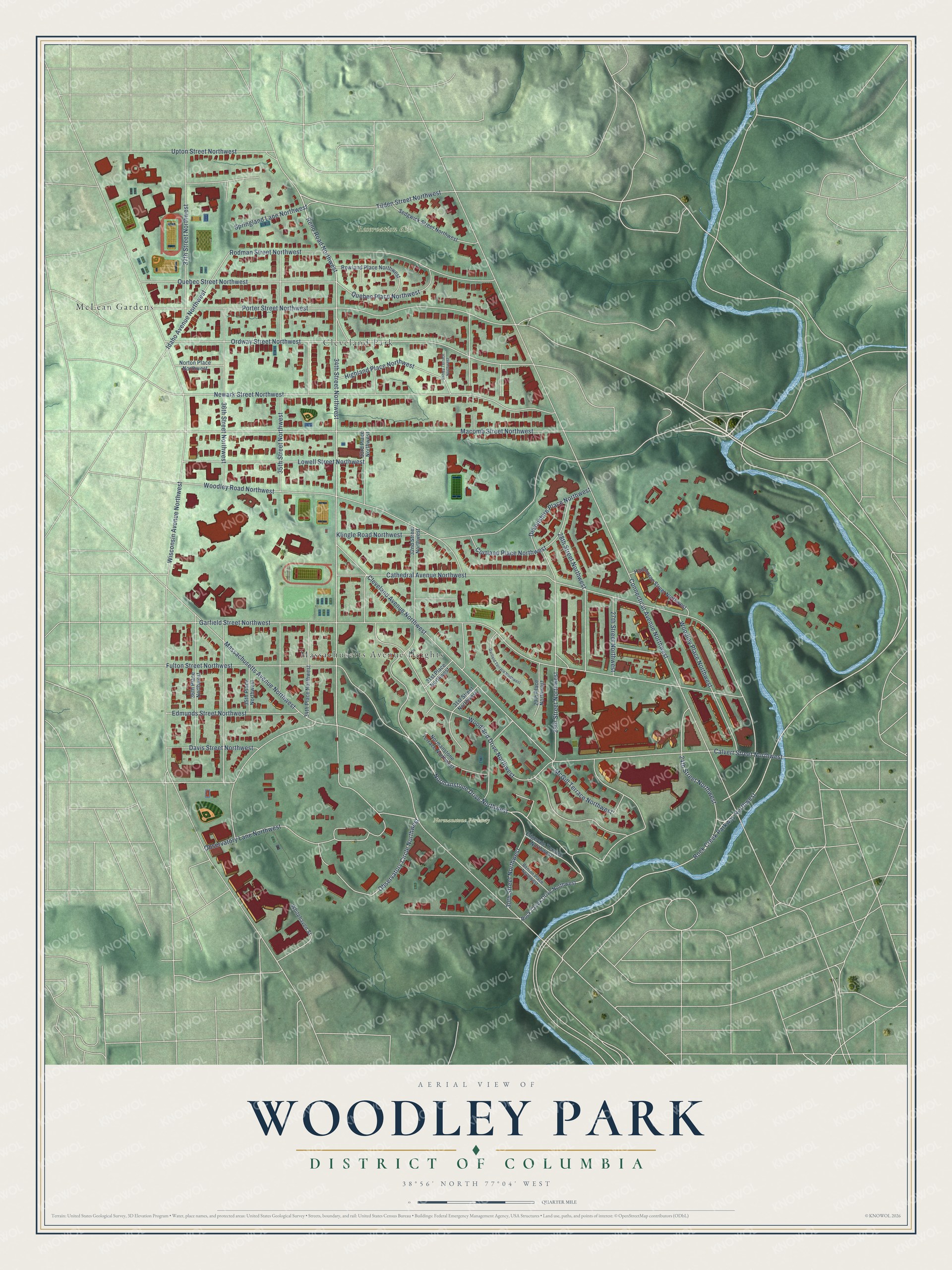 Full map of Woodley Park, District of Columbia, with red buildings, printed street names and the land around them