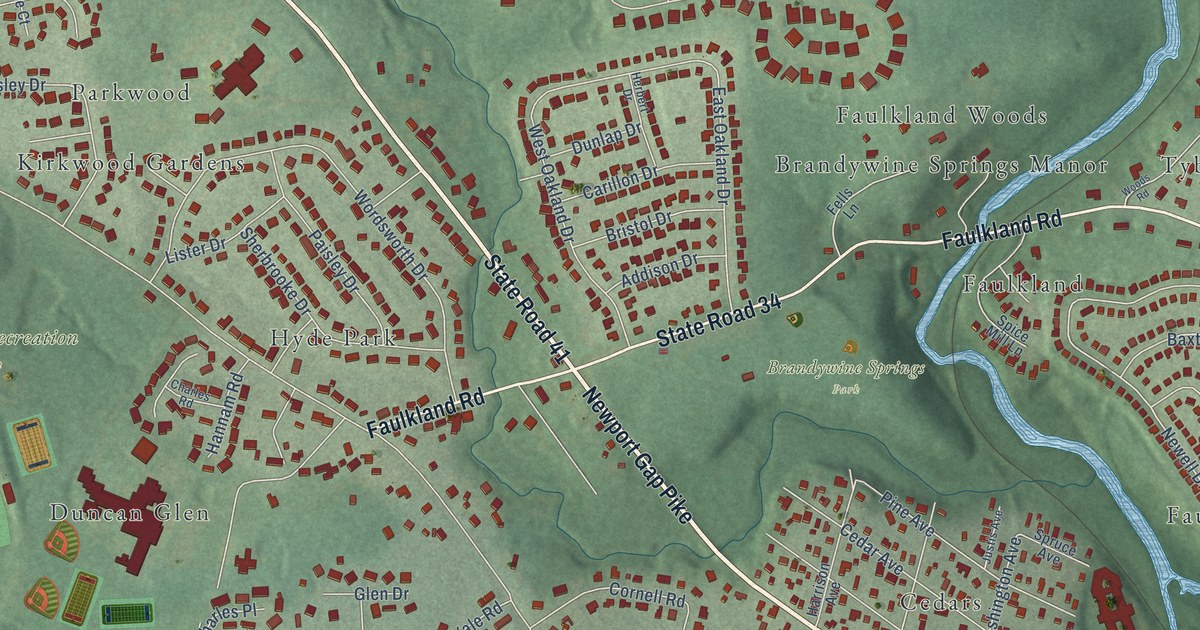 Close-up of streets and buildings in Brandywine Springs, Delaware