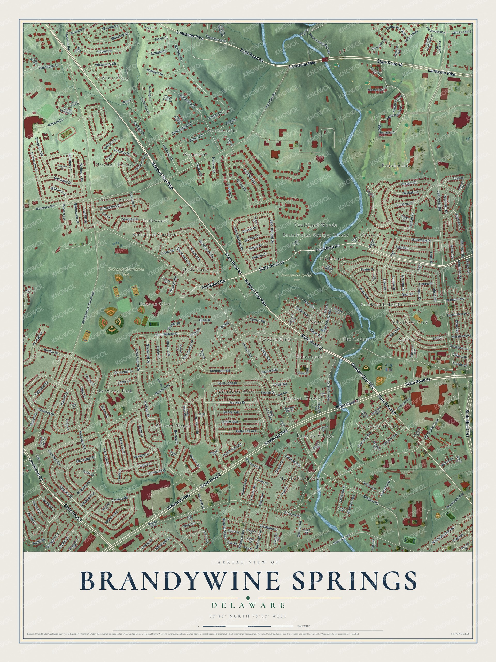 Full map of Brandywine Springs, Delaware, with red buildings, printed street names and the land around them