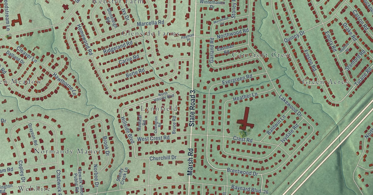 Close-up of streets and buildings in Carrcroft, Delaware