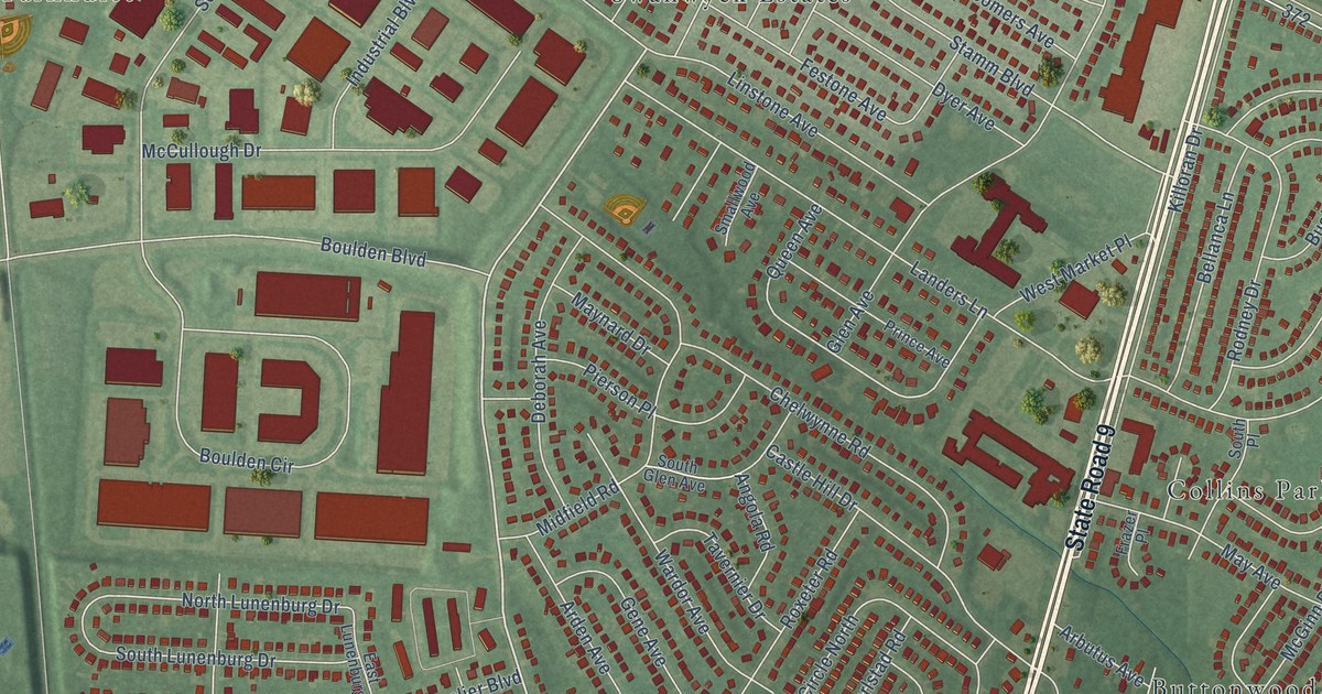 Close-up of streets and buildings in Castle Hills, Delaware