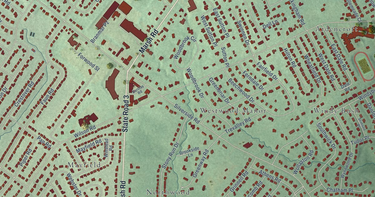 Close-up of streets and buildings in Forwood, Delaware