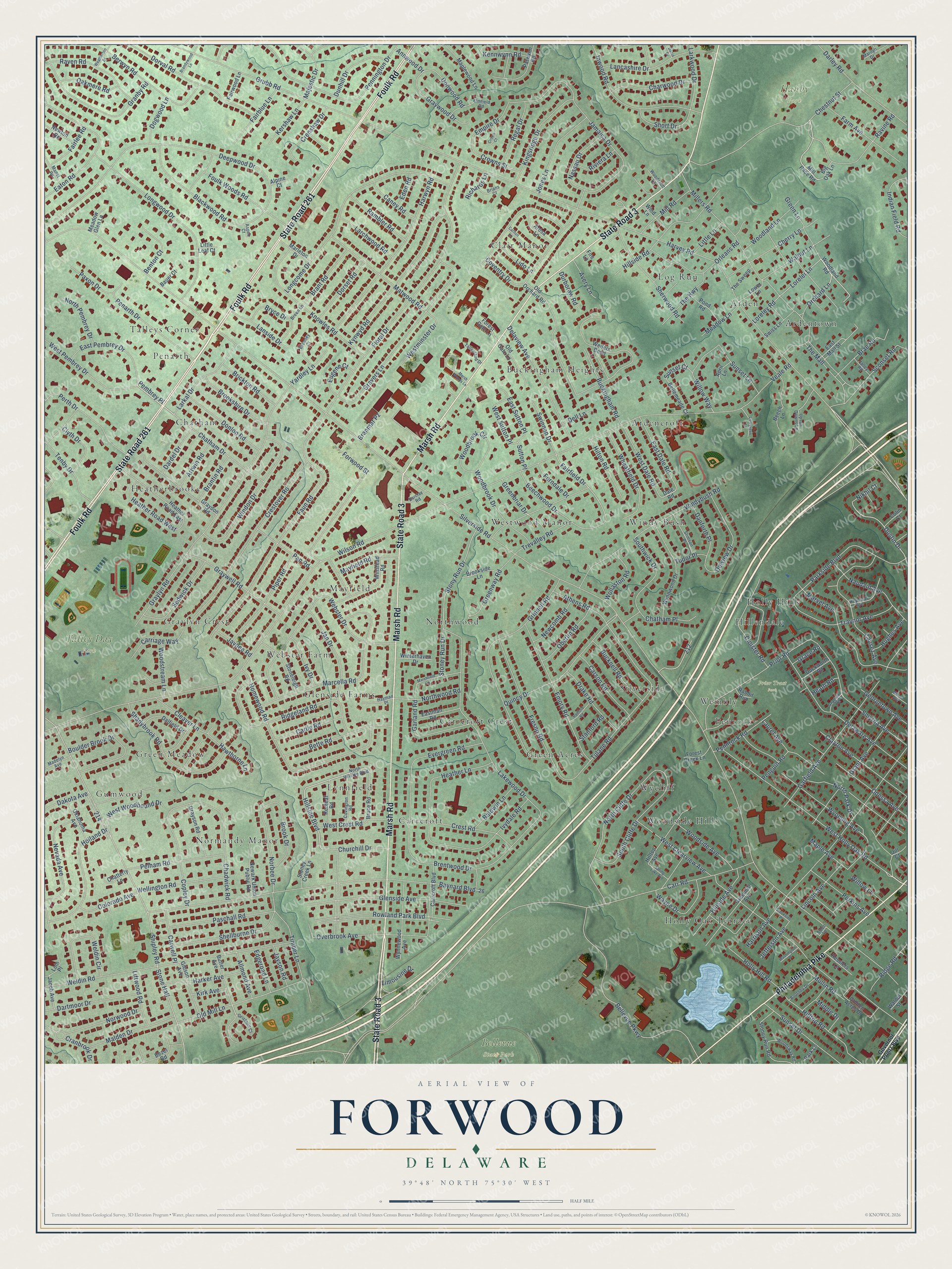 Full map of Forwood, Delaware, with red buildings, printed street names and the land around them