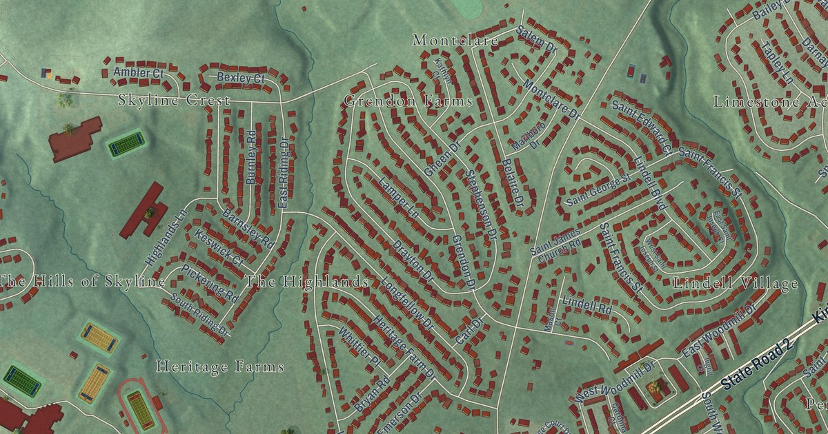 Close-up of streets and buildings in Heritage, Delaware