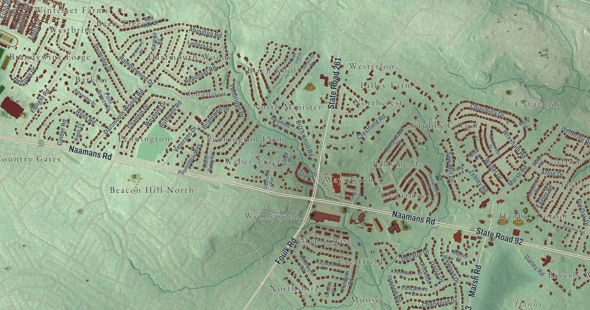 Close-up of streets and buildings in Lancashire, Delaware