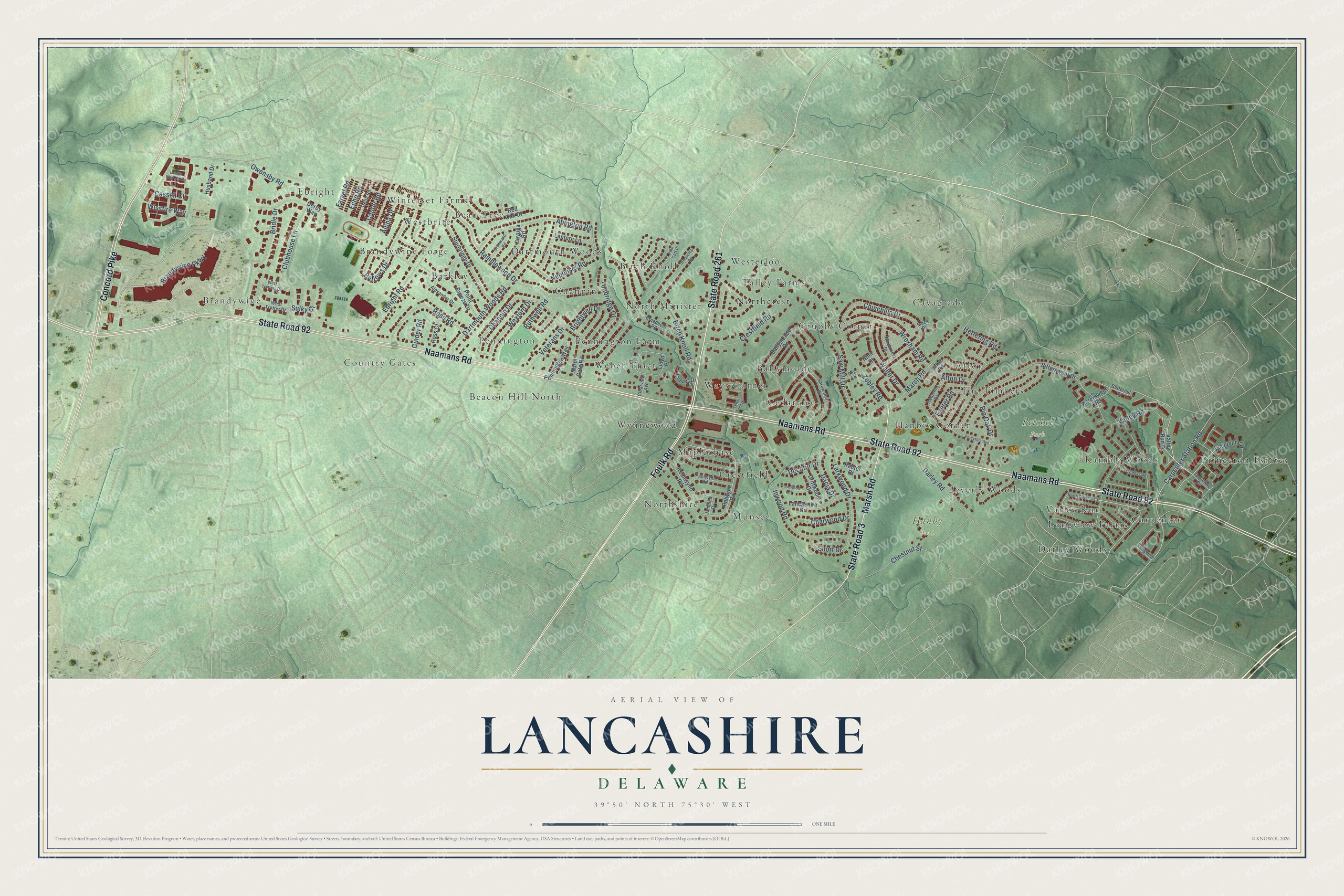 Full map of Lancashire, Delaware, with red buildings, printed street names and the land around them