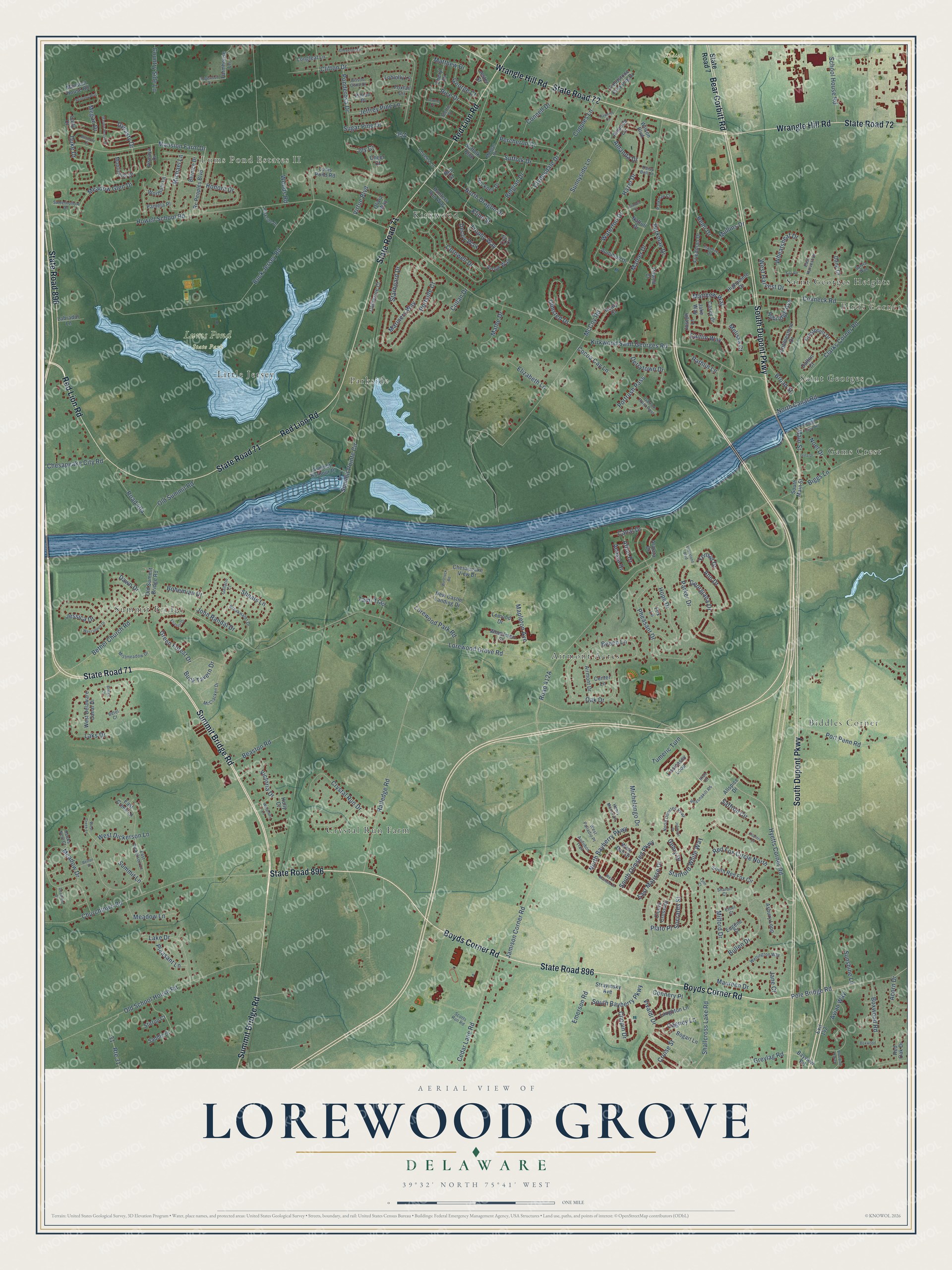 Full map of Lorewood Grove, Delaware, with red buildings, printed street names and the land around them