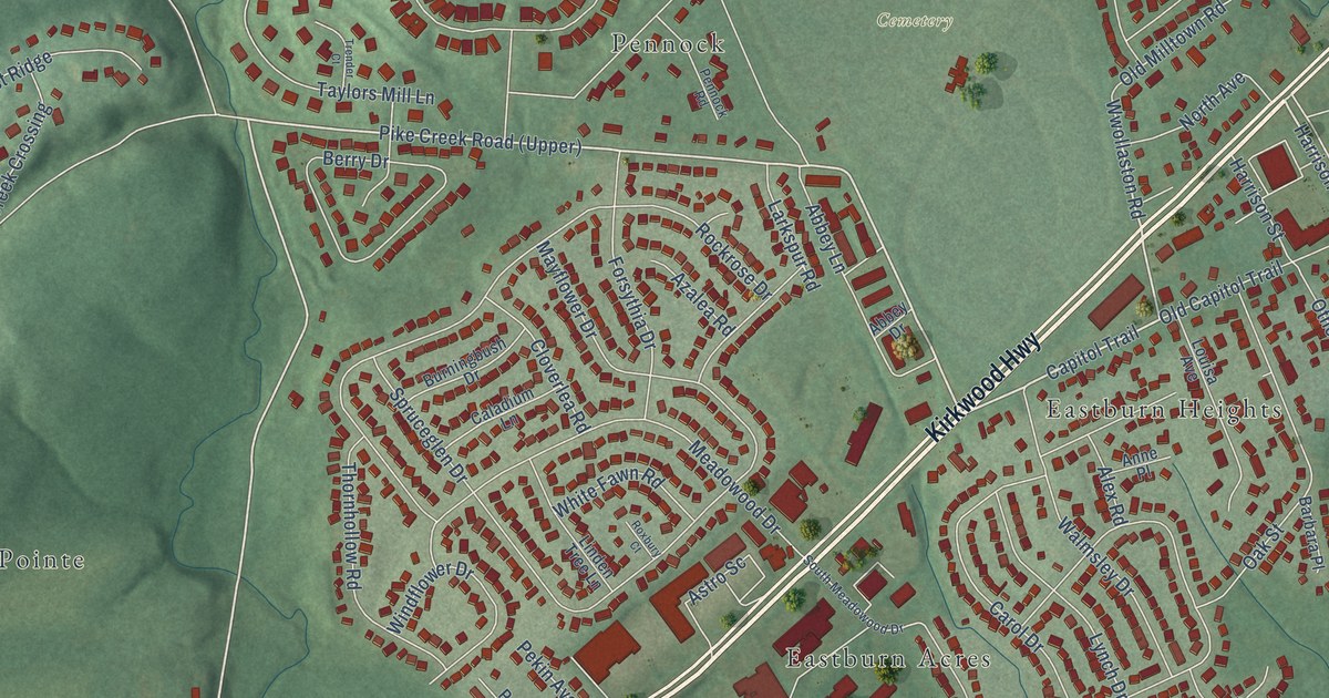 Close-up of streets and buildings in Meadowood, Delaware
