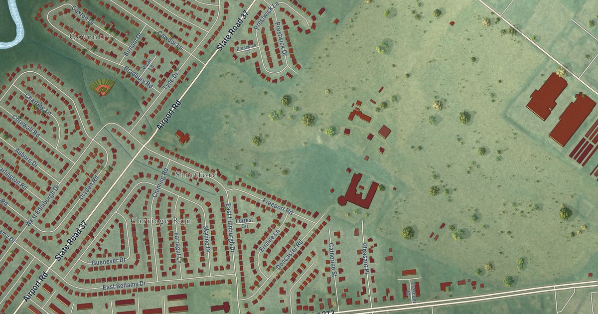 Close-up of streets and buildings in Pleasantville, Delaware