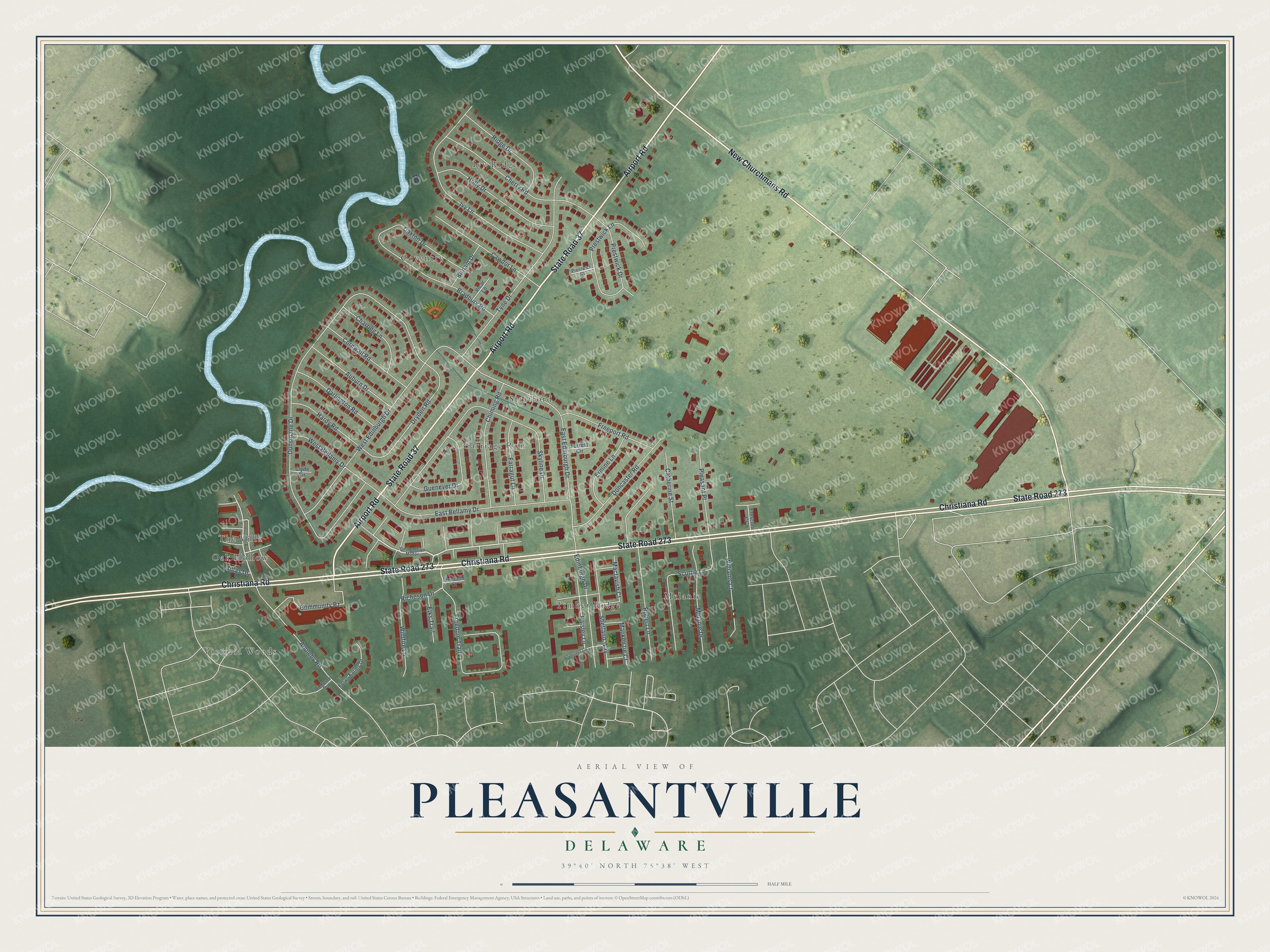 Full map of Pleasantville, Delaware, with red buildings, printed street names and the land around them