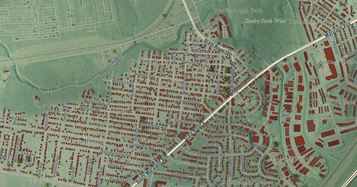 Close-up of streets and buildings in Richardson Park, Delaware