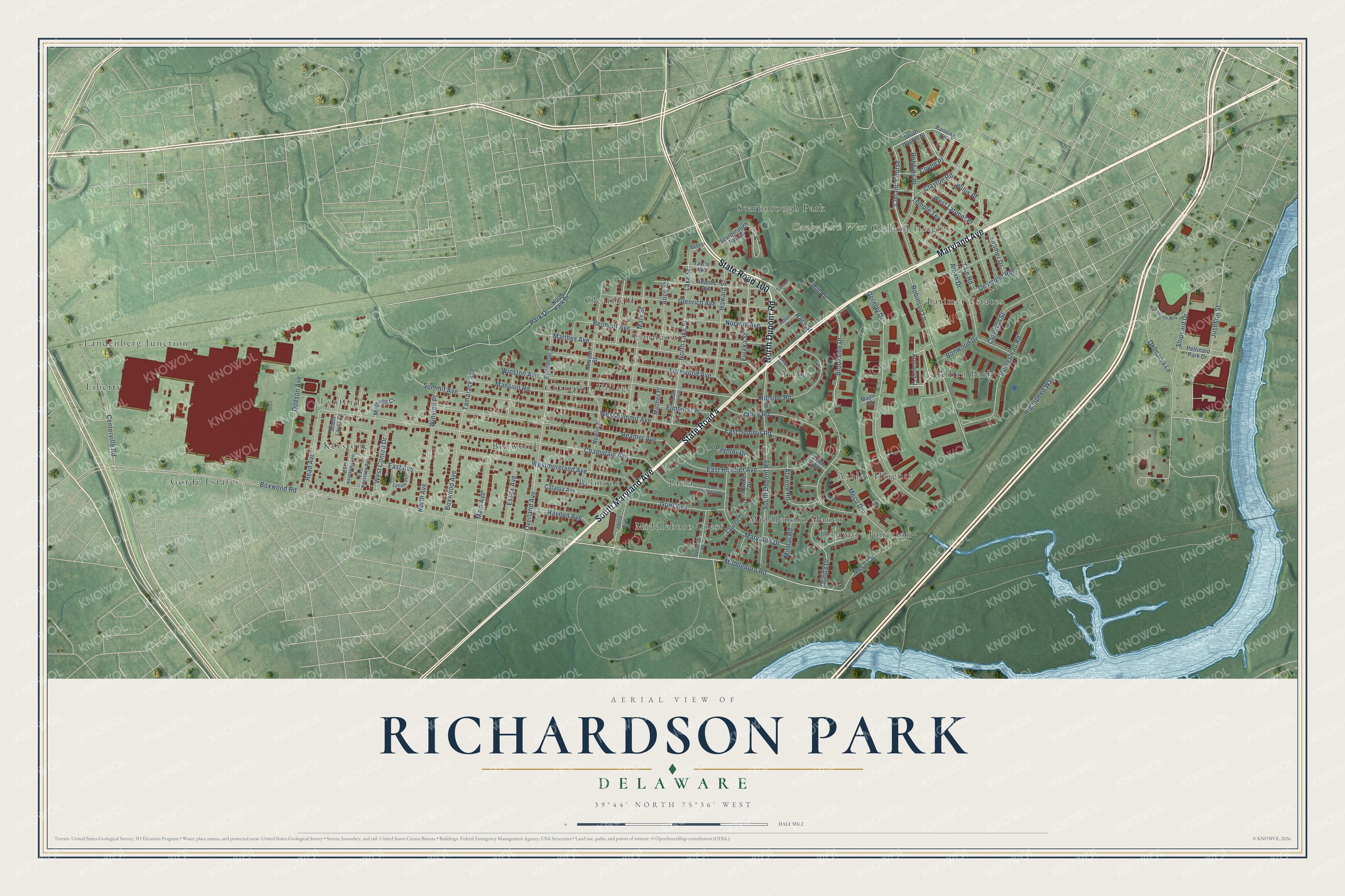 Full map of Richardson Park, Delaware, with red buildings, printed street names and the land around them
