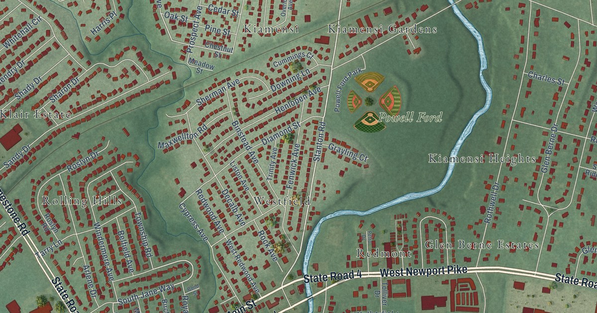 Close-up of streets and buildings in Stanton, Delaware