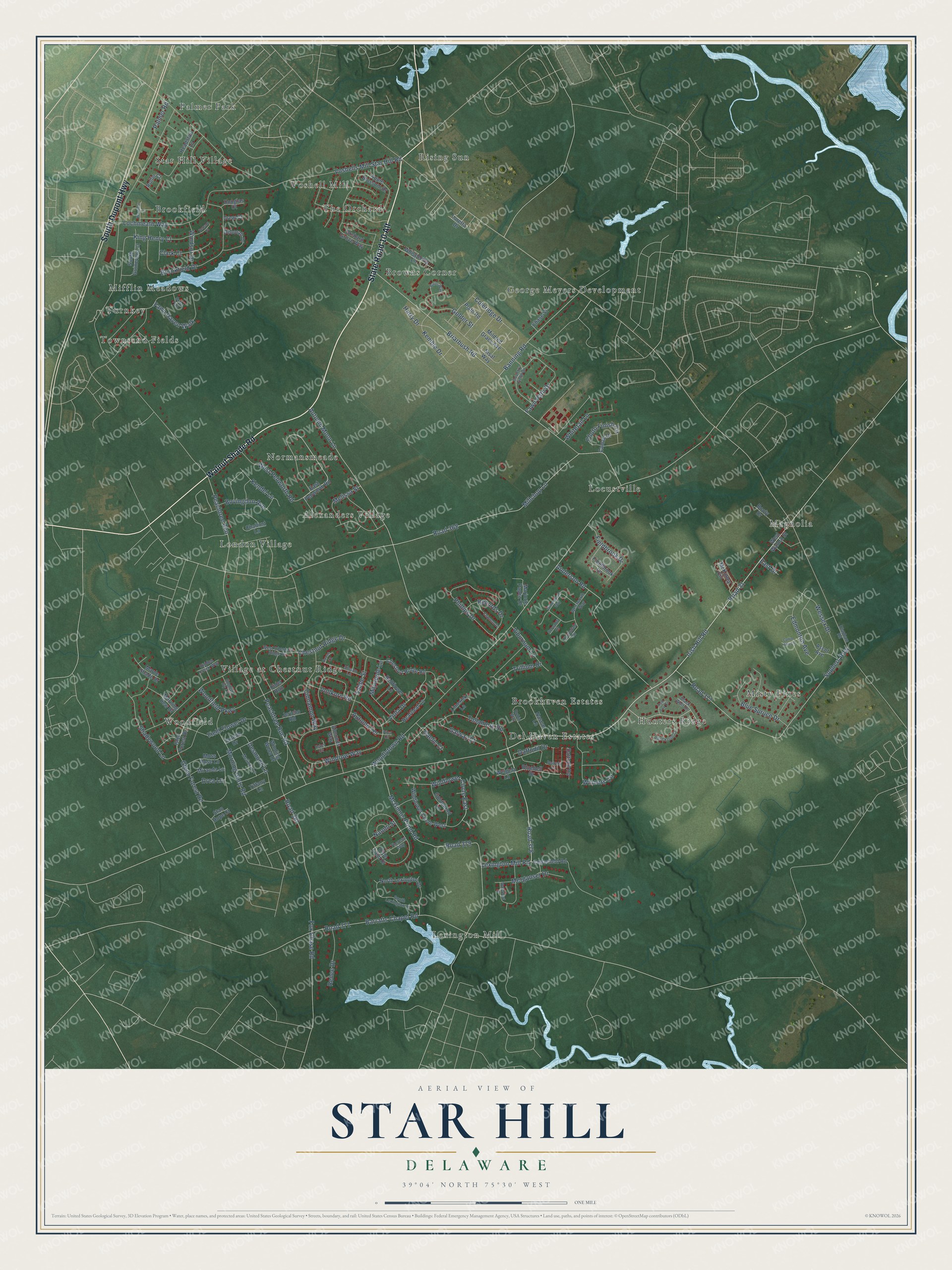 Full map of Star Hill, Delaware, with red buildings, printed street names and the land around them
