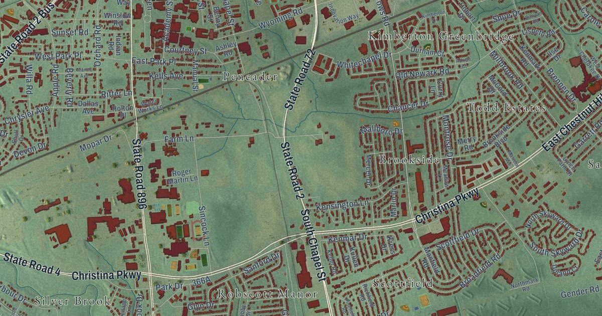 Close-up of streets and buildings in Wilson, Delaware