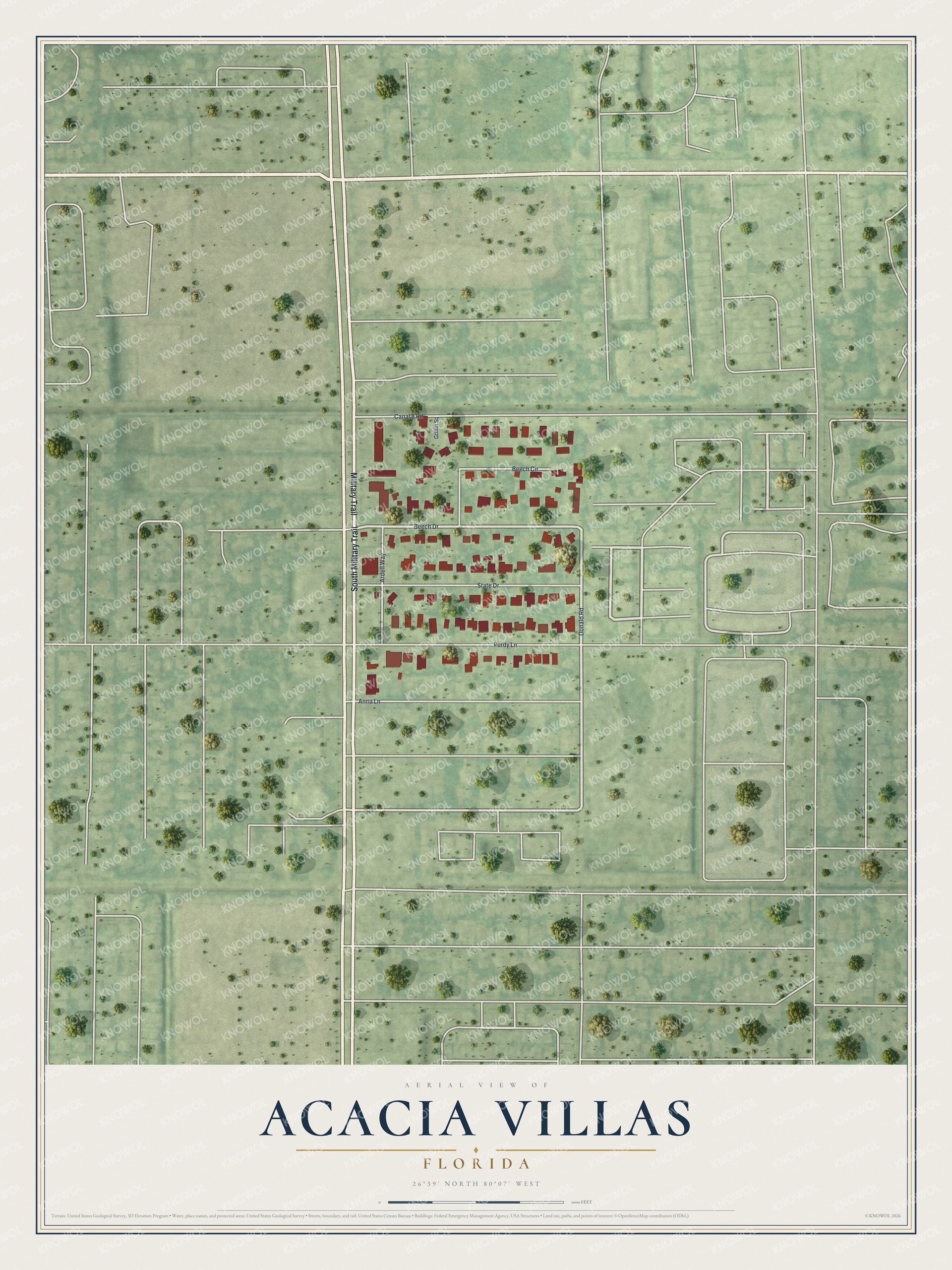 Full map of Acacia Villas, Florida, with red buildings, printed street names and the land around them