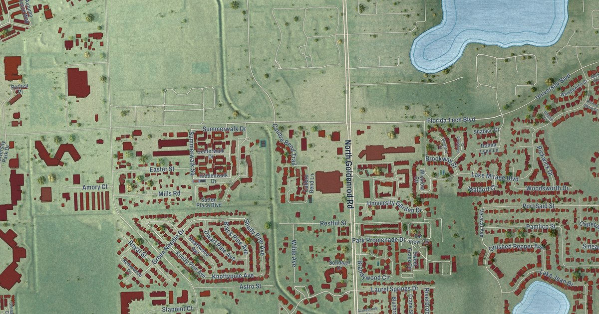 Close-up of streets and buildings in Aloma, Florida