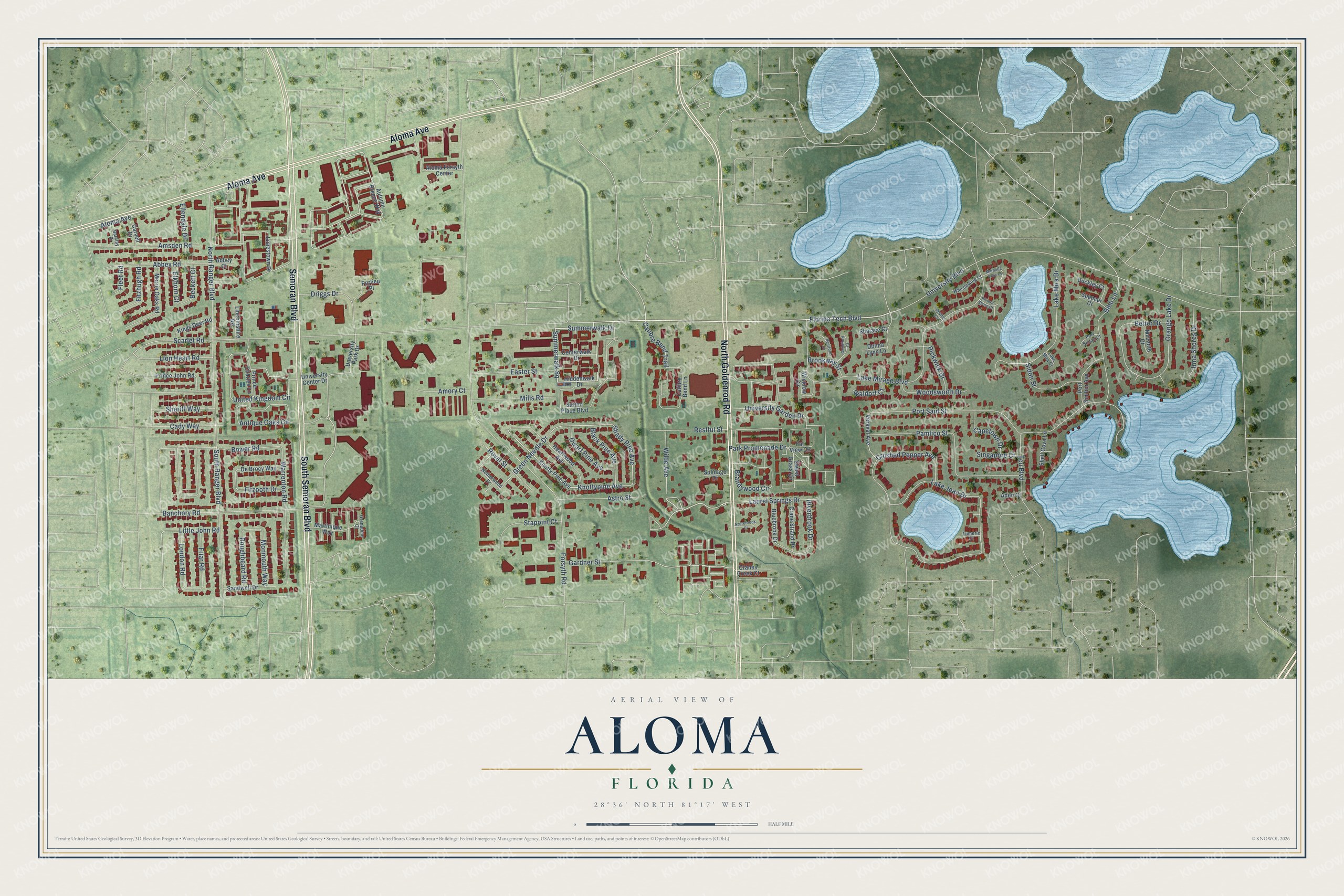 Full map of Aloma, Florida, with red buildings, printed street names and the land around them