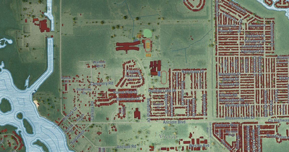 Close-up of streets and buildings in Anclote, Florida