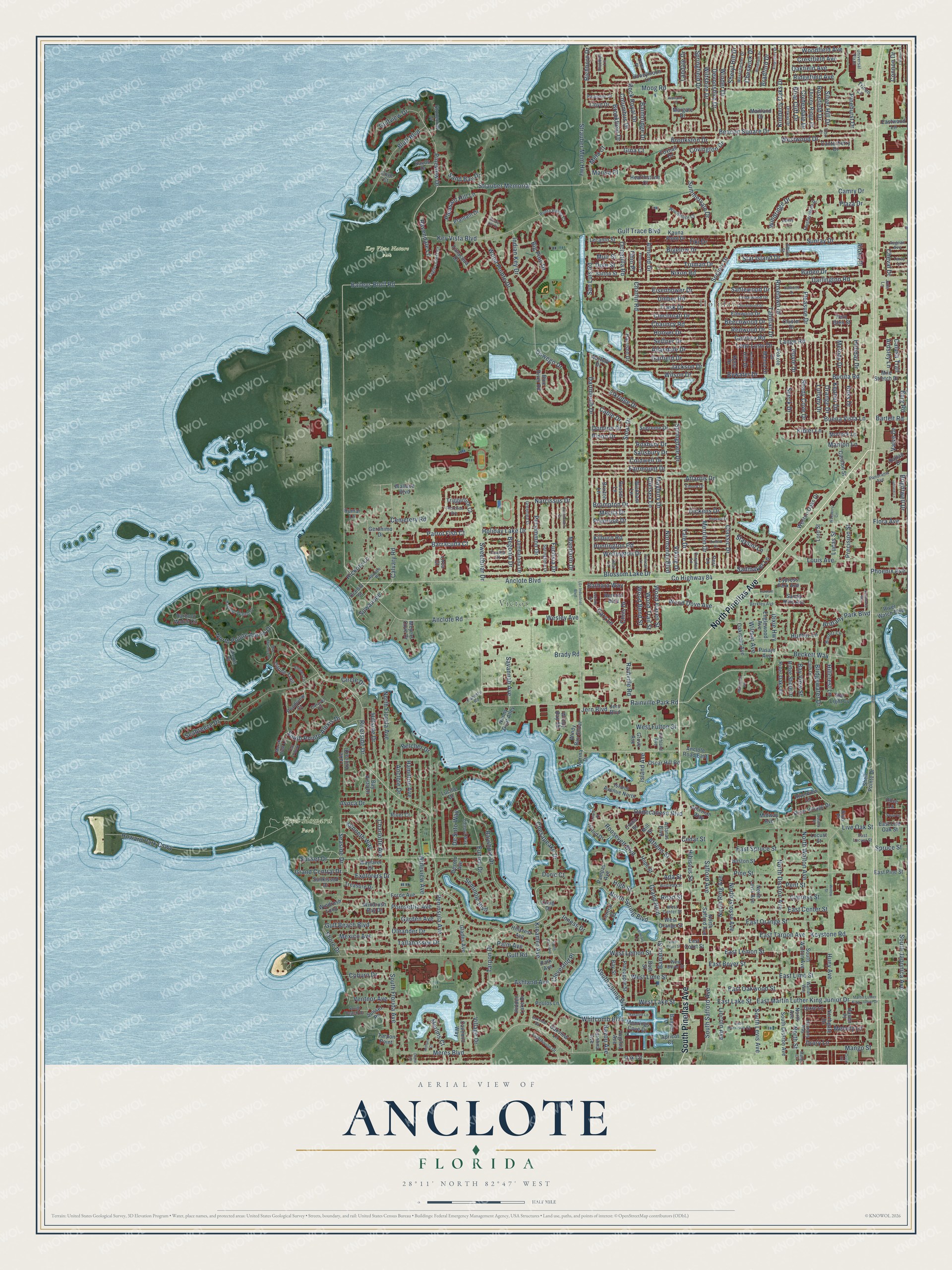 Full map of Anclote, Florida, with red buildings, printed street names and the land around them