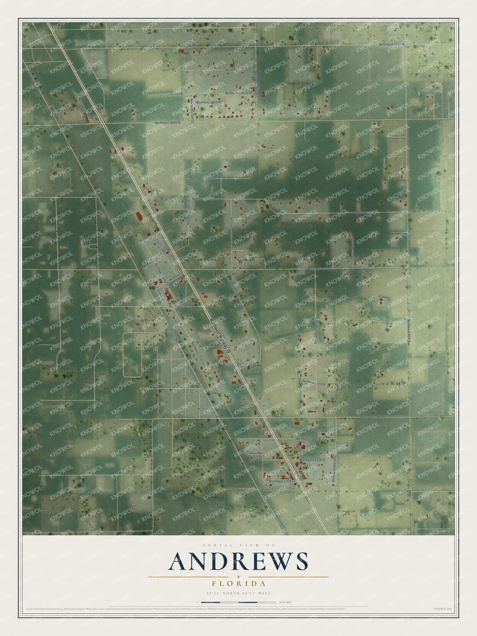 Full map of Andrews, Florida, with red buildings, printed street names and the land around them