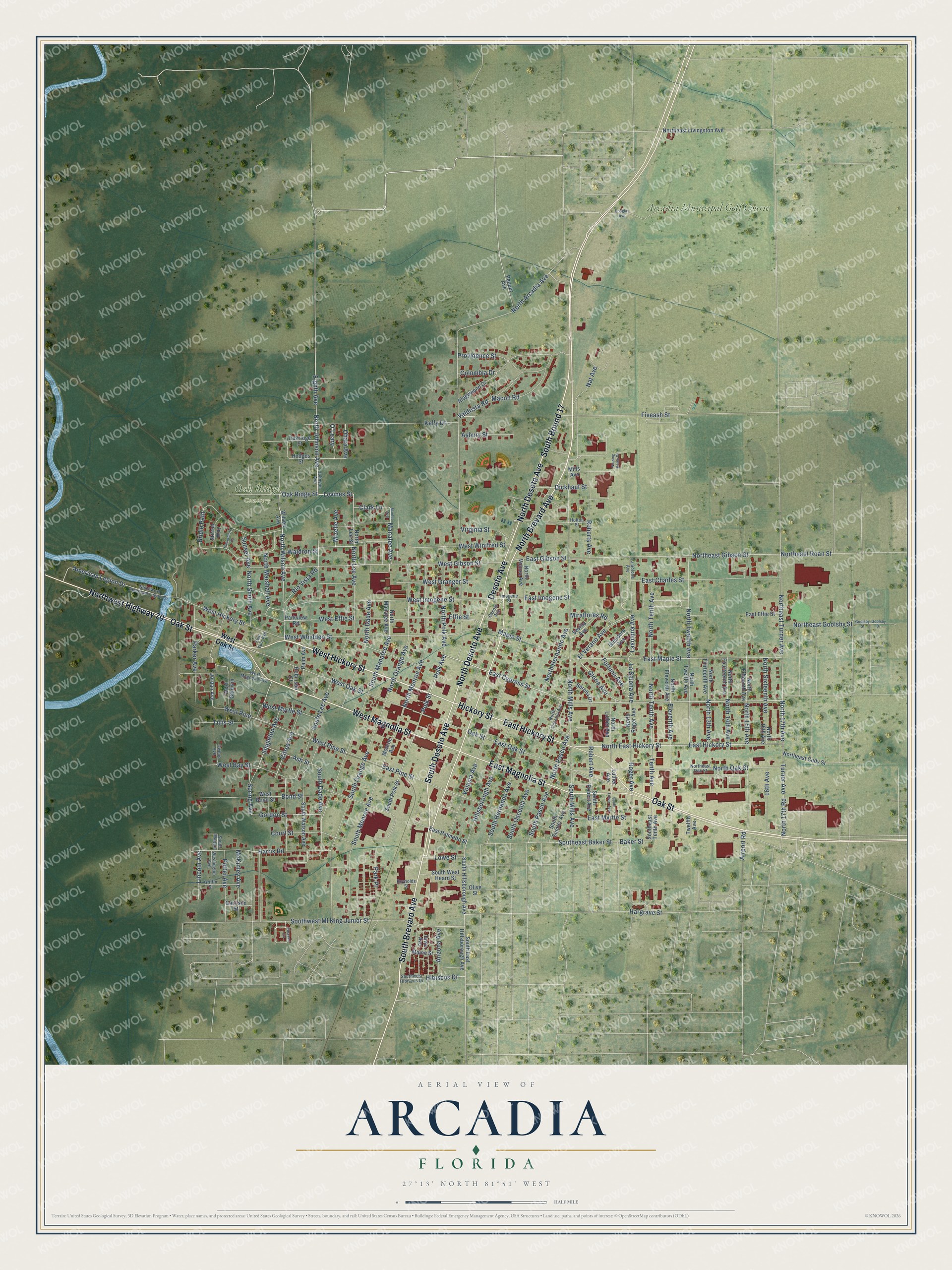 Map of Arcadia, Florida, with Oak Street, Hickory Street, Brevard Avenue and Oak Ridge Cemetery