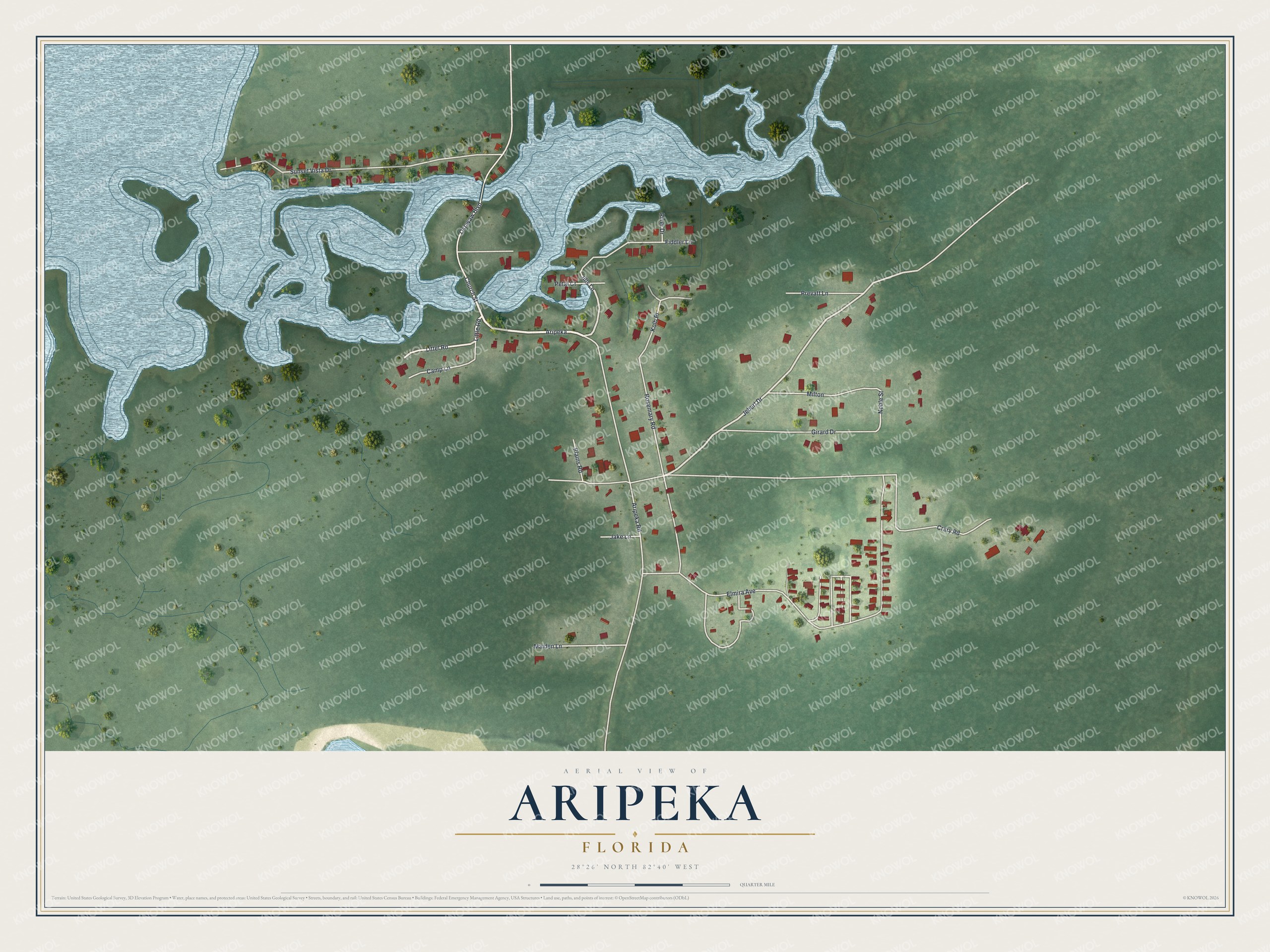 Full map of Aripeka, Florida, with red buildings, printed street names and the land around them
