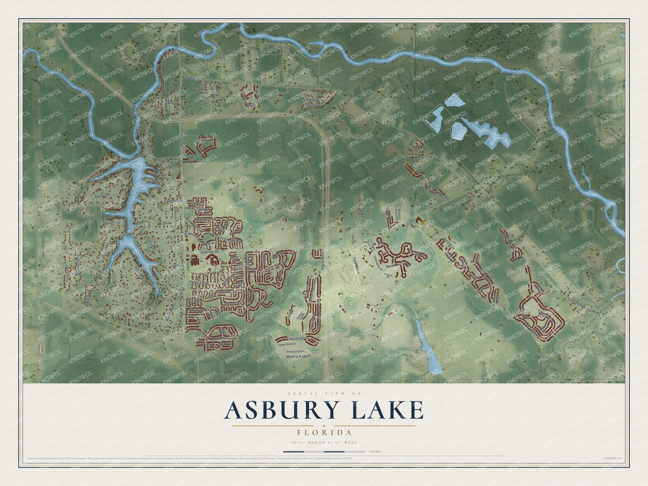 Full map of Asbury Lake, Florida, with red buildings, printed street names and the land around them