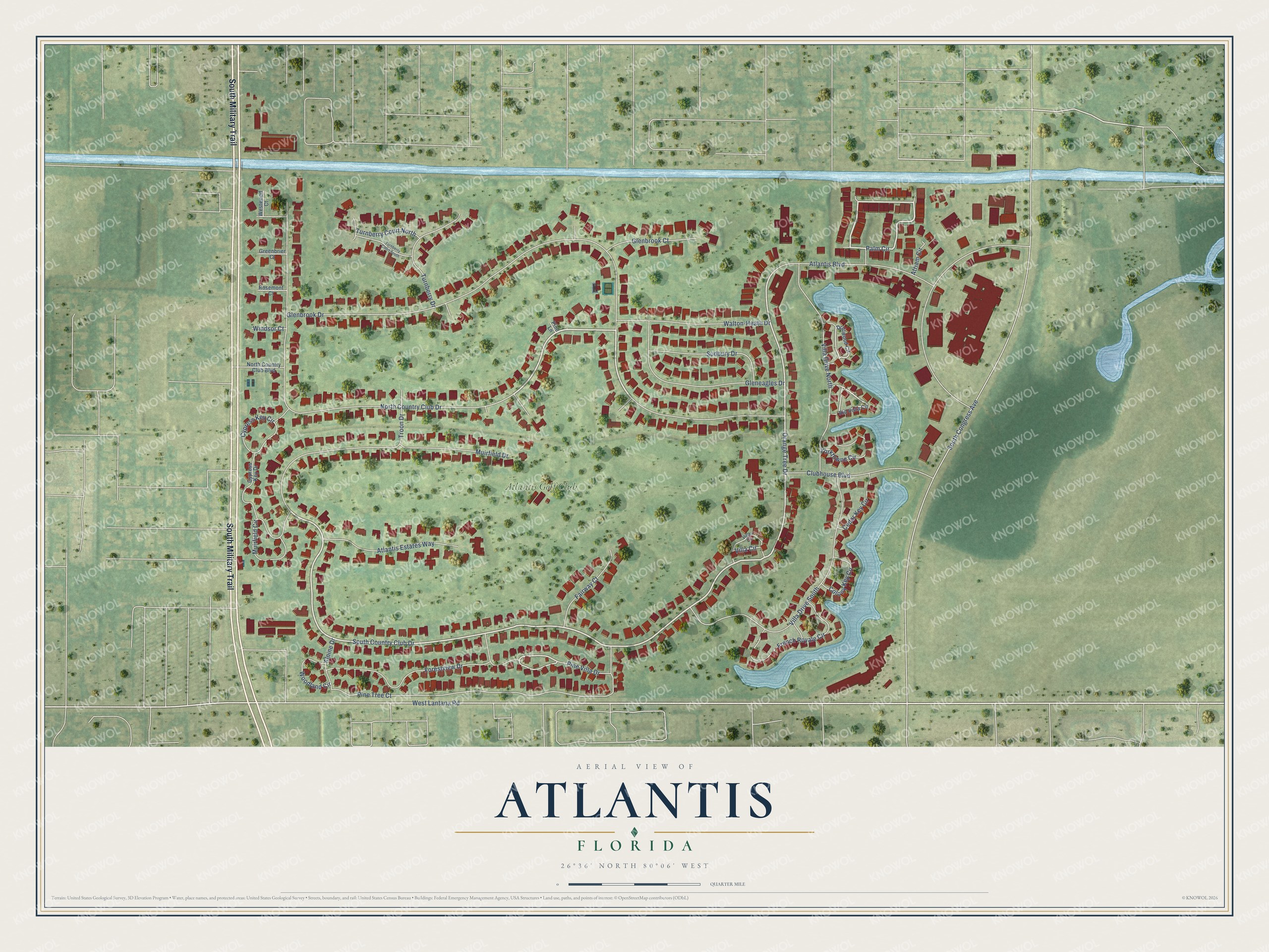 Map of Atlantis, Florida, with the Atlantis Golf Club, Country Club Drive, Military Trail and Lantana Road