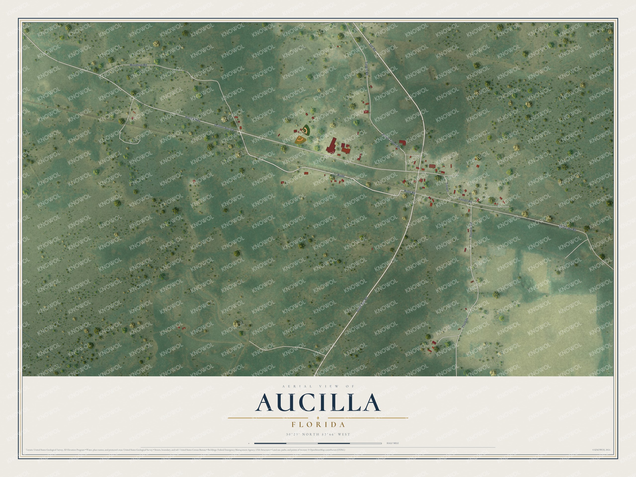 Full map of Aucilla, Florida, with red buildings, printed street names and the land around them