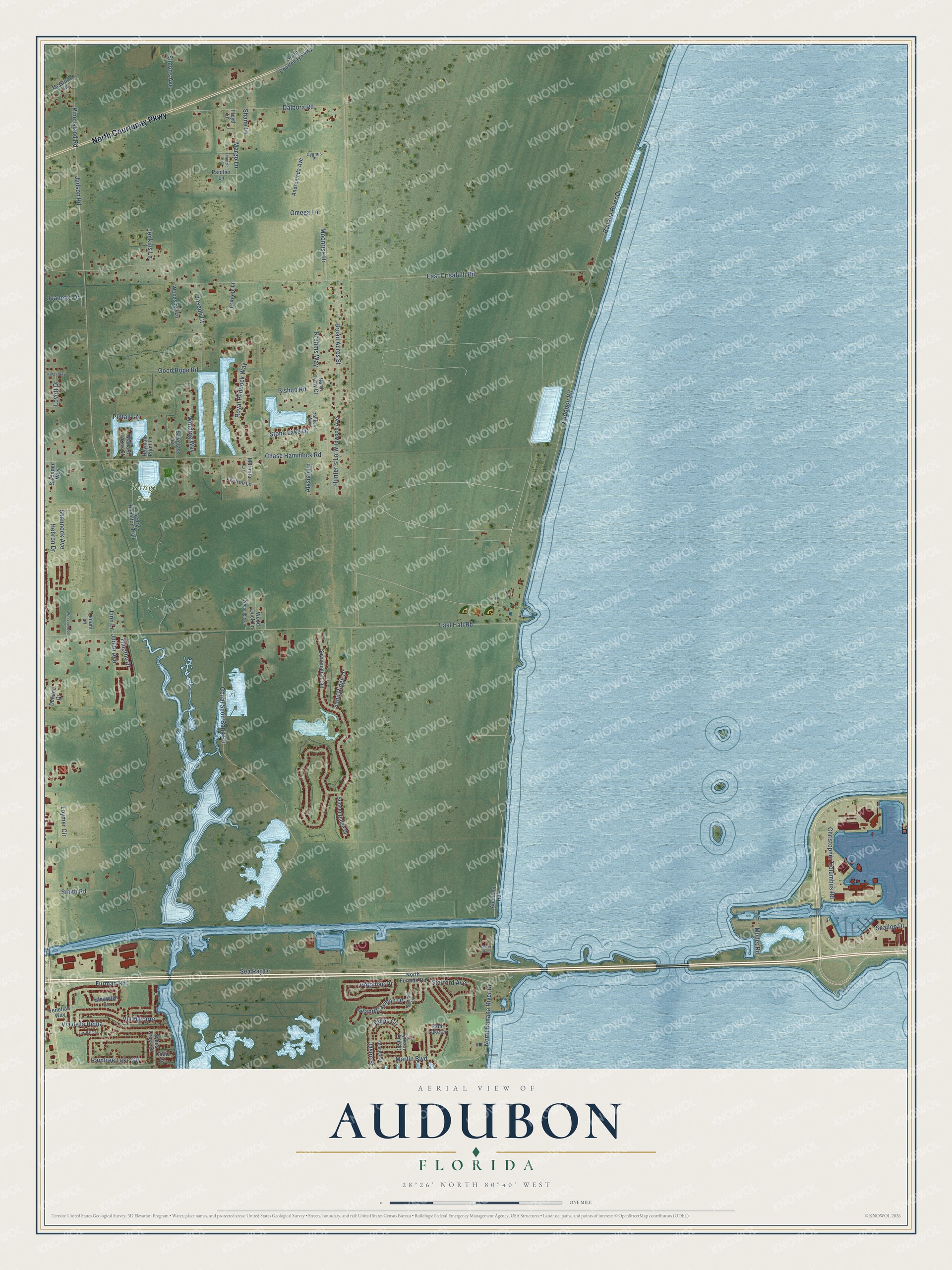 Full map of Audubon, Florida, with red buildings, printed street names and the land around them