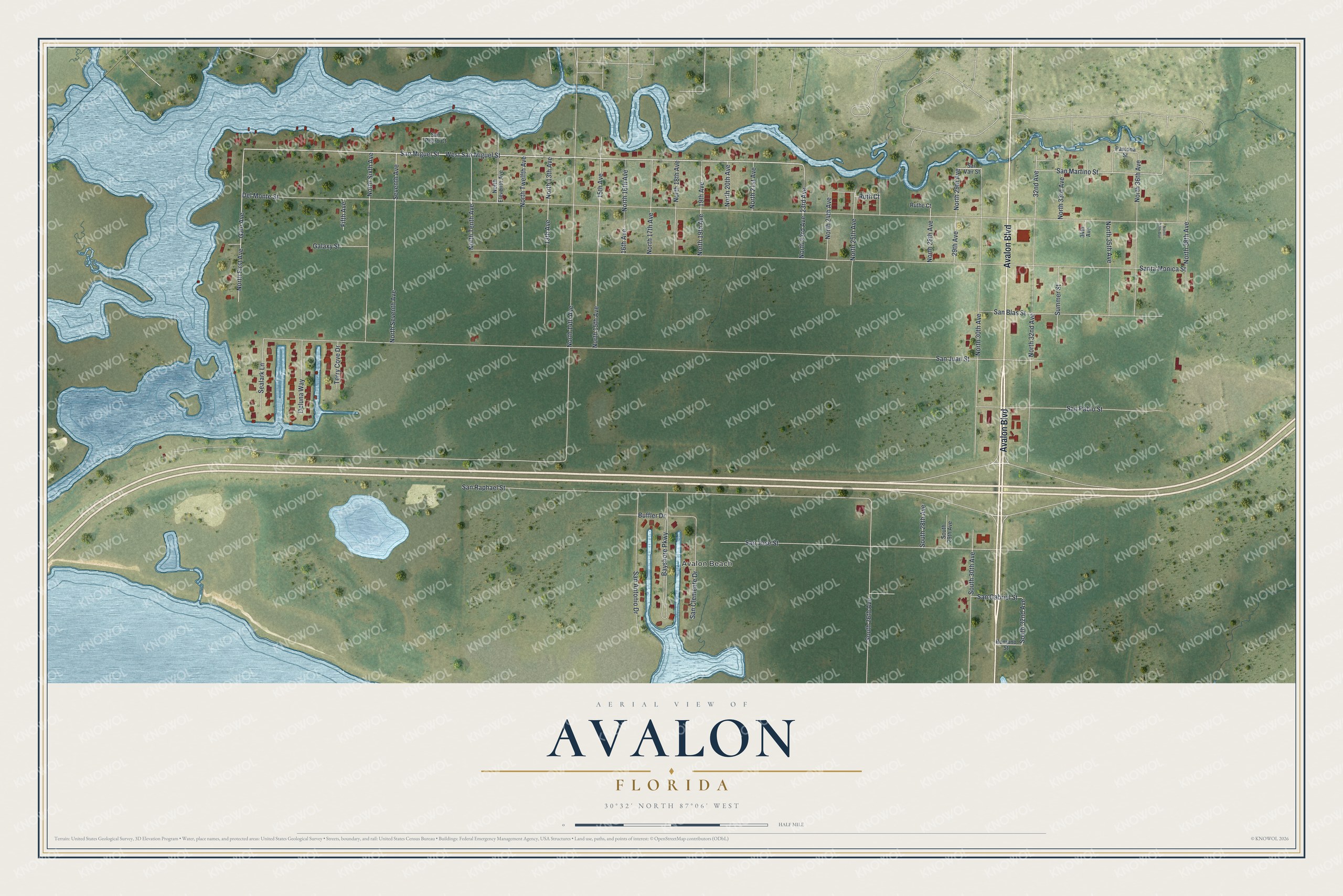 Full map of Avalon, Florida, with red buildings, printed street names and the land around them