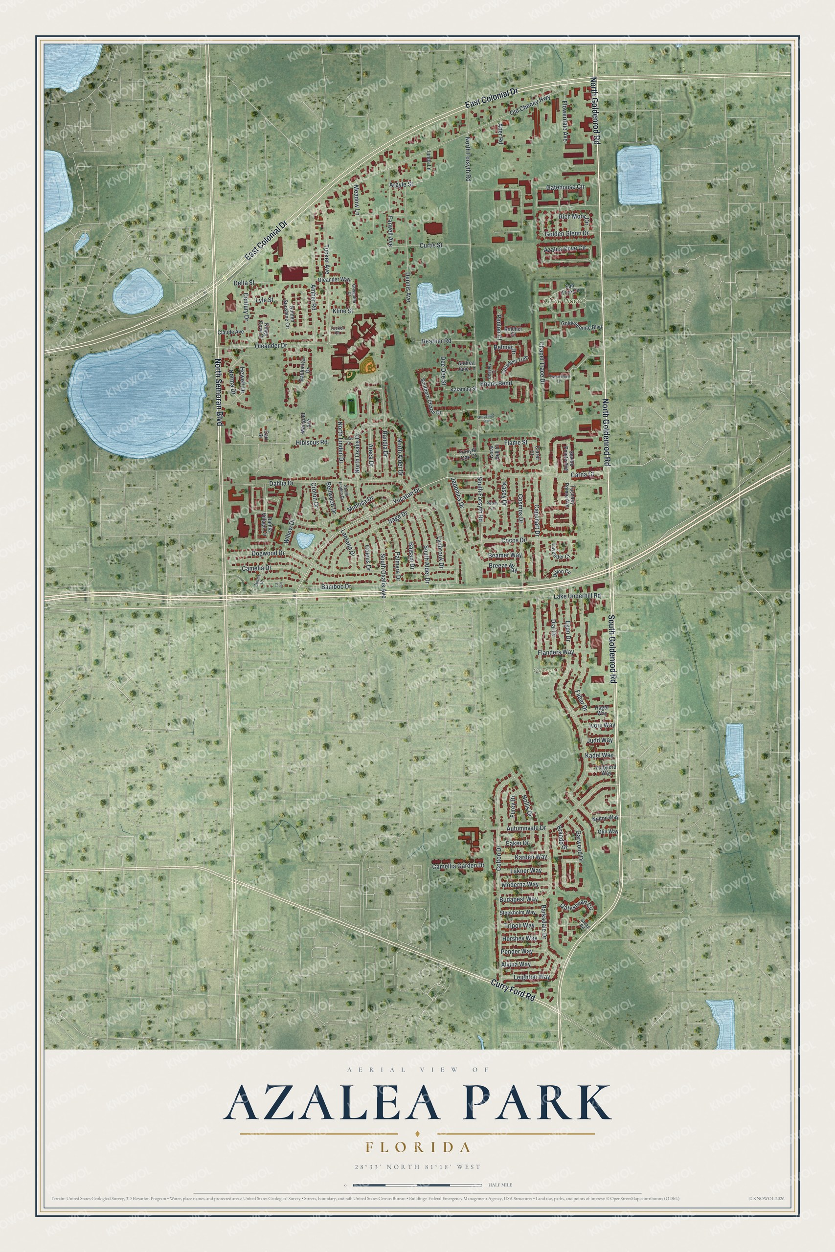 Full map of Azalea Park, Florida, with red buildings, printed street names and the land around them