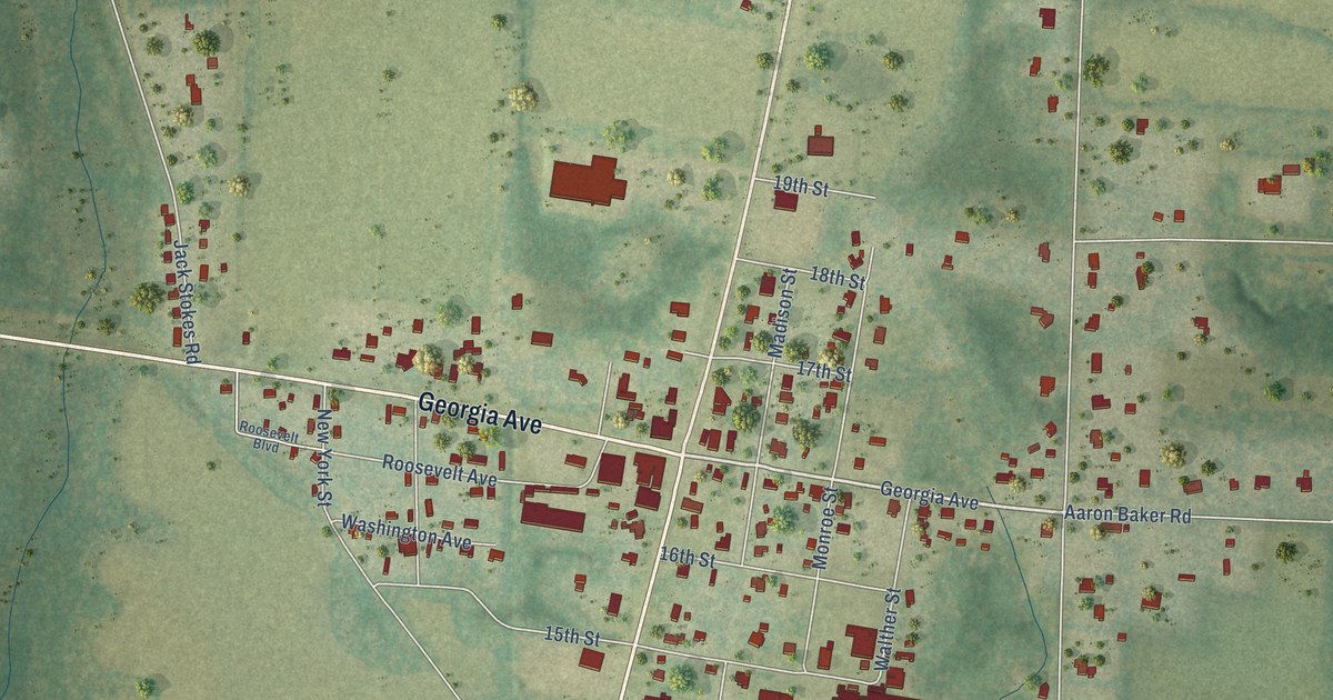 Close-up of streets and buildings in Baker, Florida