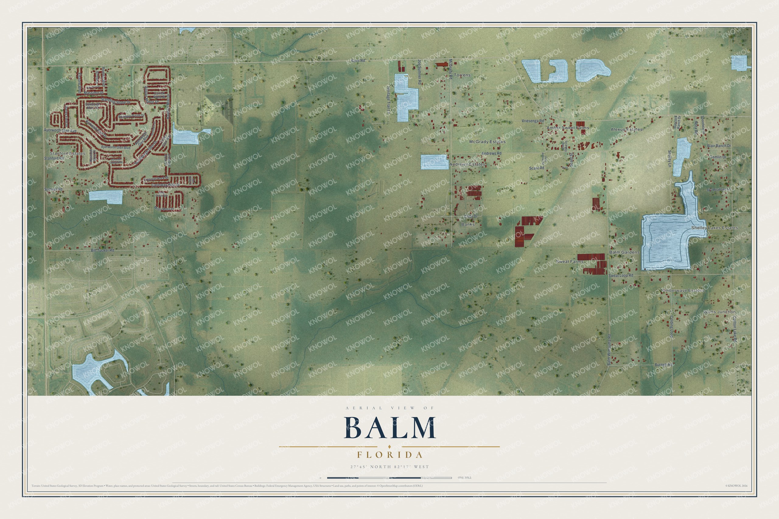 Full map of Balm, Florida, with red buildings, printed street names and the land around them
