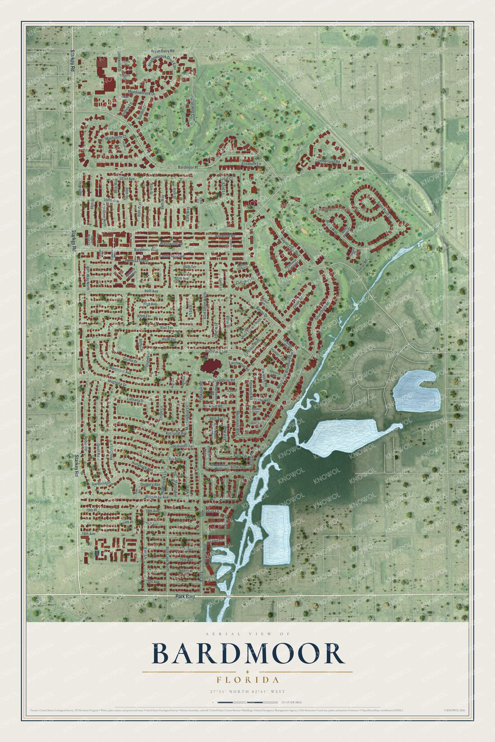 Full map of Bardmoor, Florida, with red buildings, printed street names and the land around them