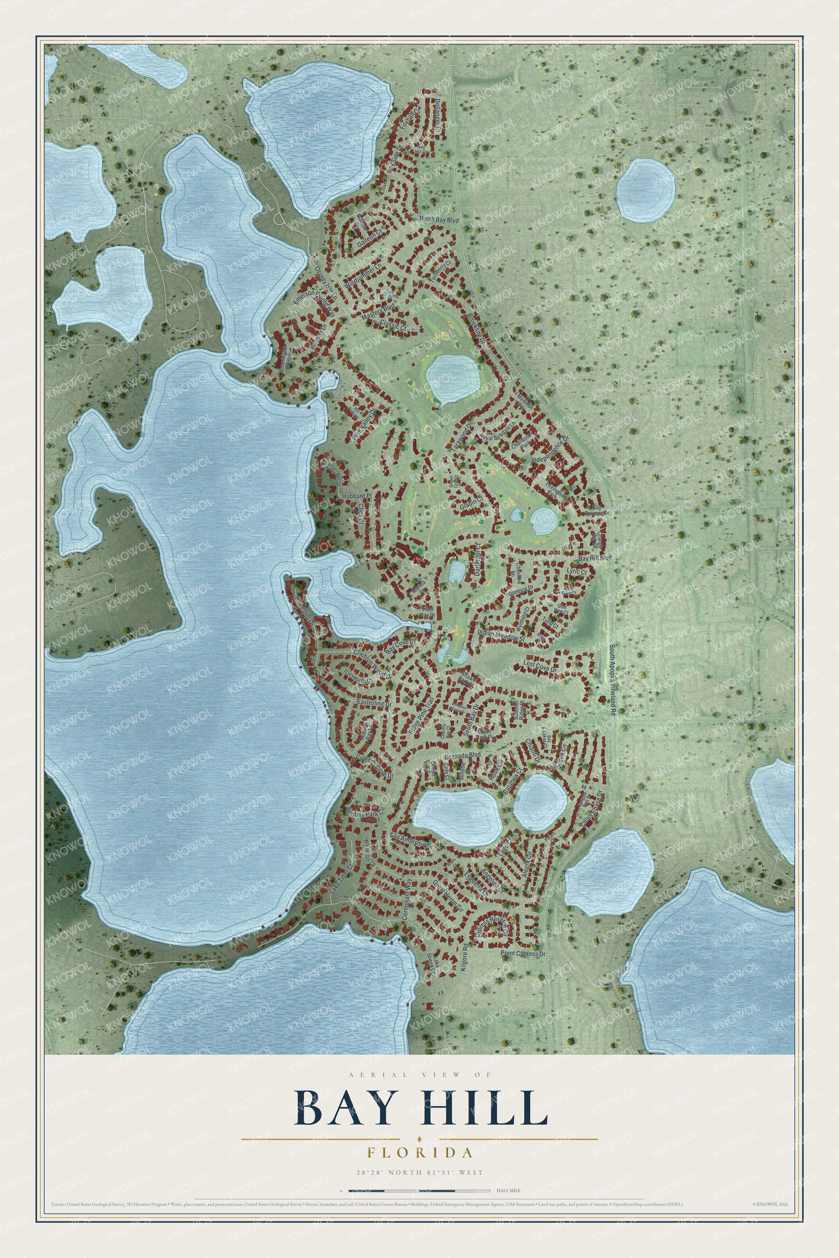 Full map of Bay Hill, Florida, with red buildings, printed street names and the land around them