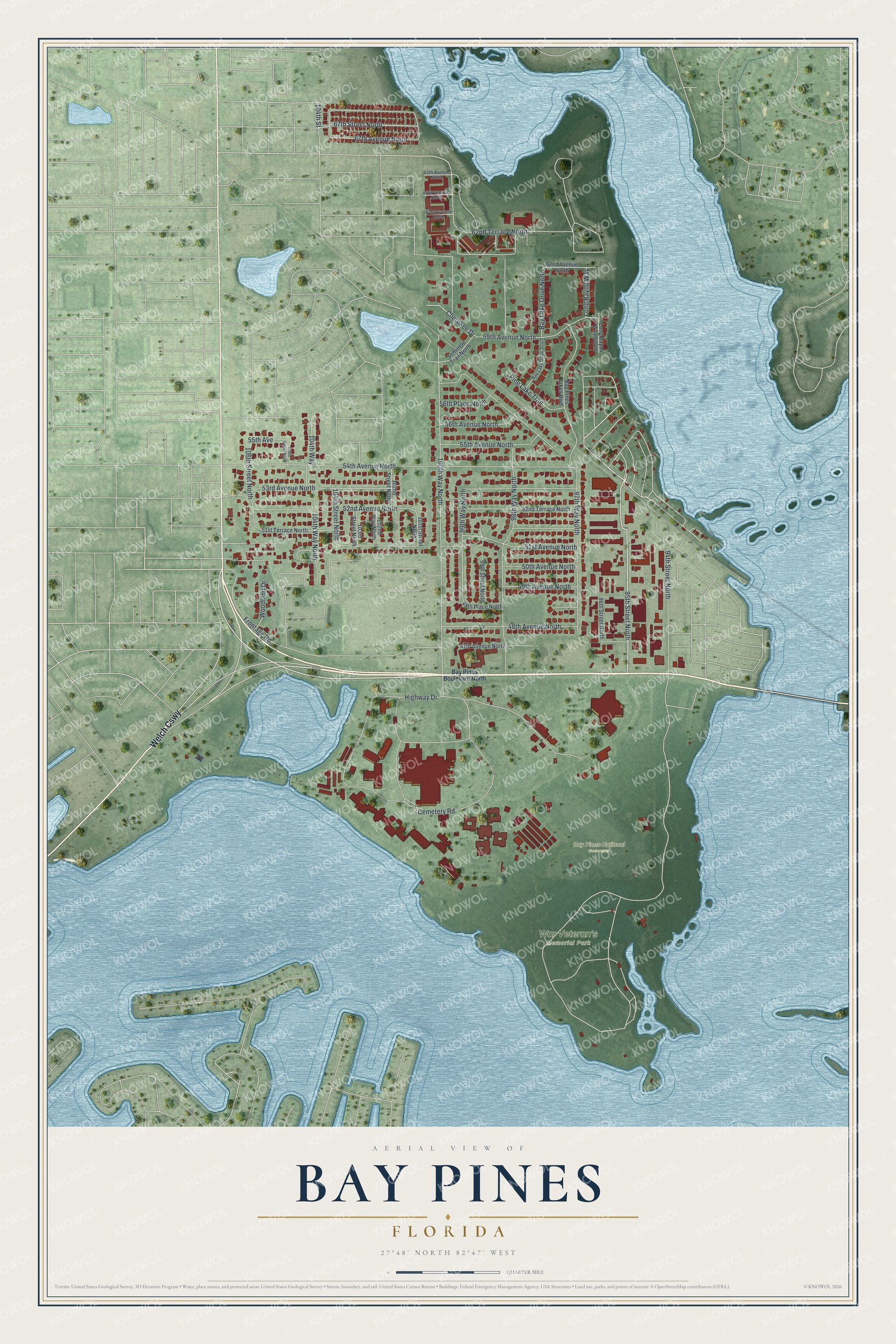 Full map of Bay Pines, Florida, with red buildings, printed street names and the land around them